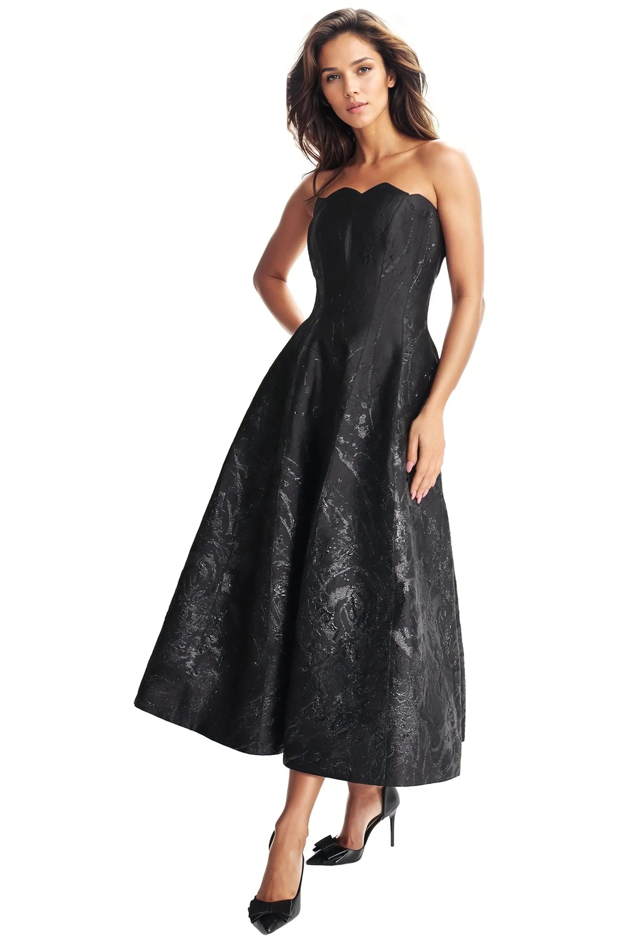 Strapless Scalloped Brocade Cocktail Midi Cocktail Rene Ruiz Collection