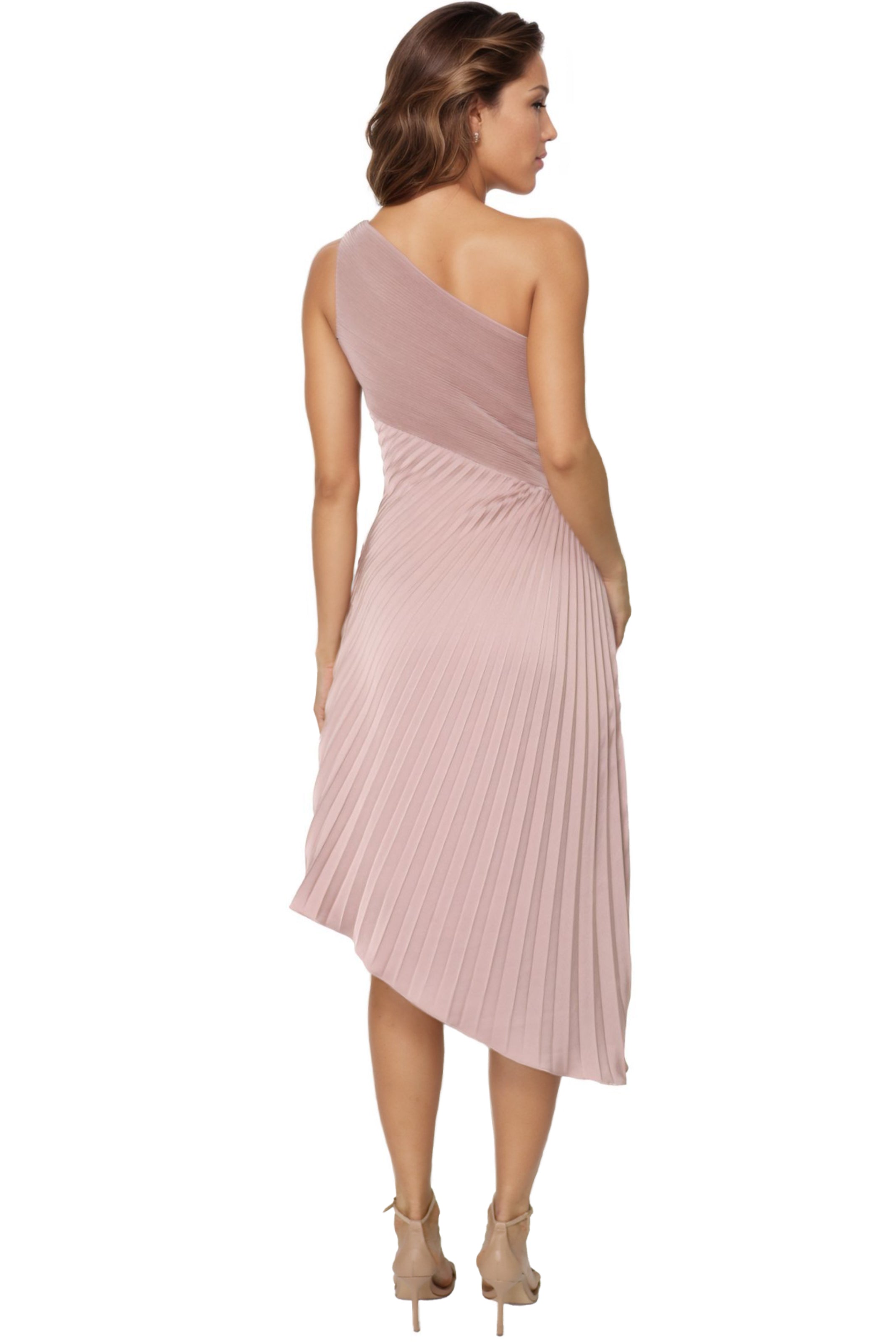 One Shoulder Pleated Asymmetric Hem Cocktail Cocktail Rene Ruiz Collection