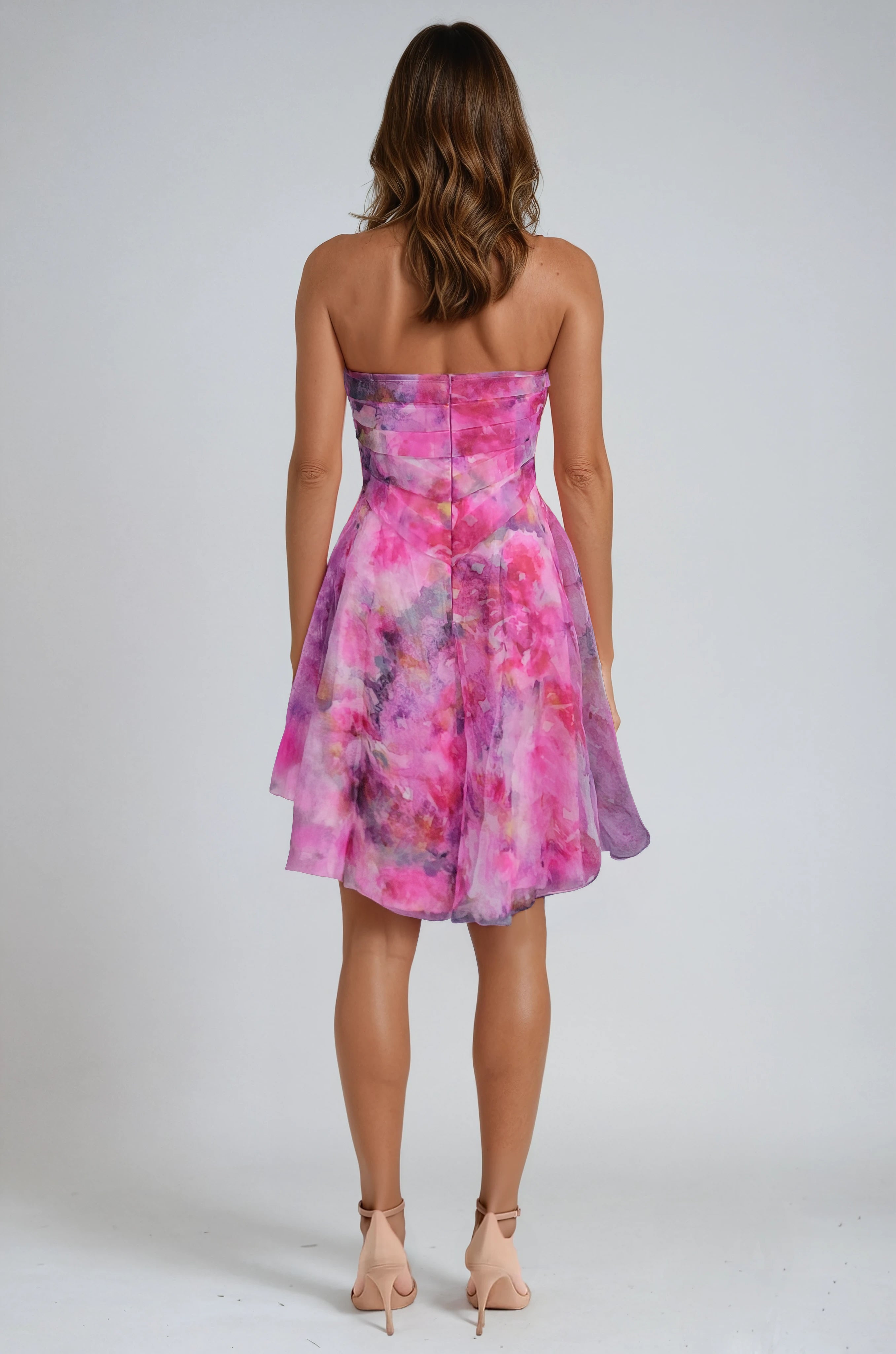 Strapless Pleated Printed Organza A-Line Cocktail