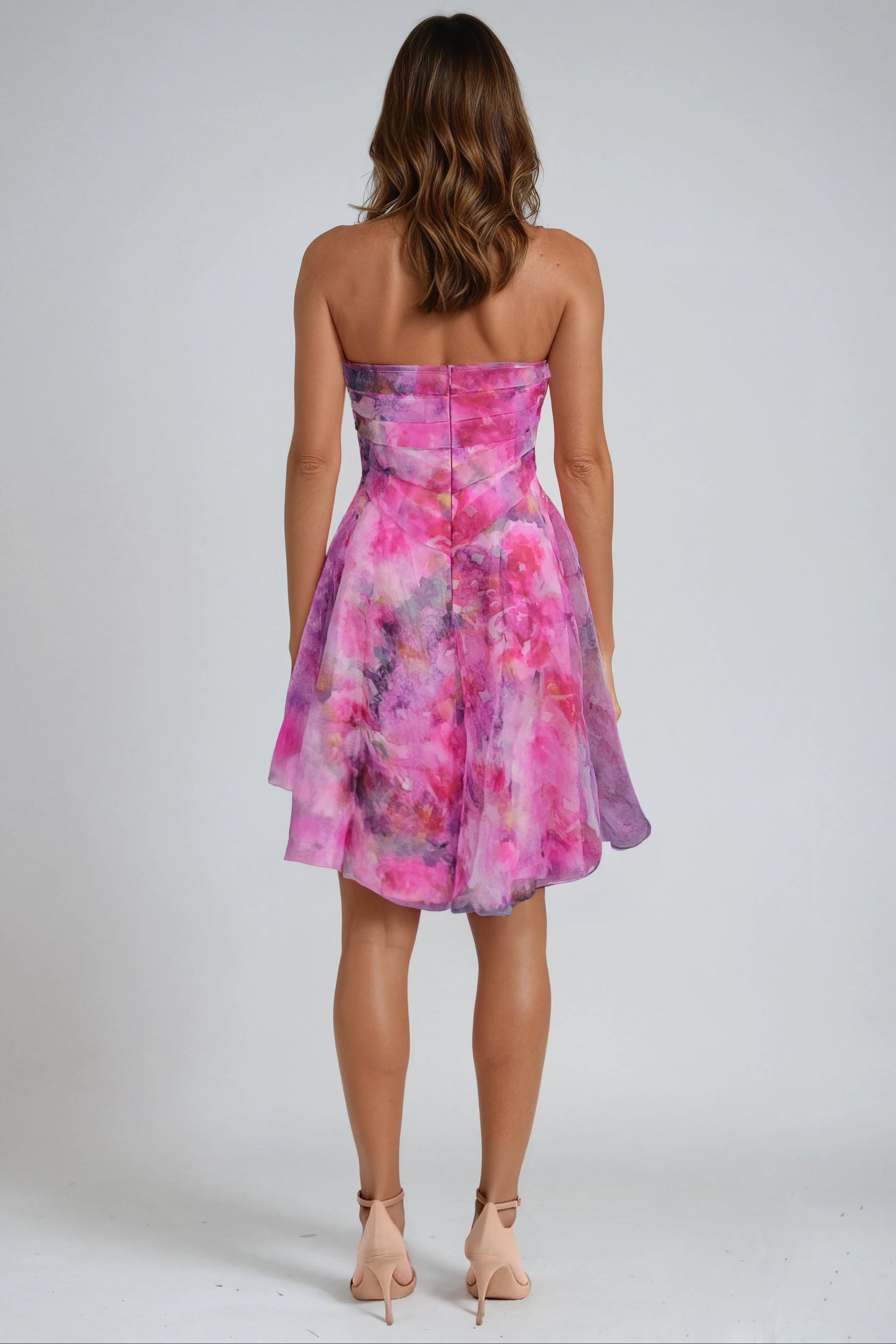 Strapless Pleated Printed Organza A-Line Cocktail Cocktail Rene Ruiz Collection