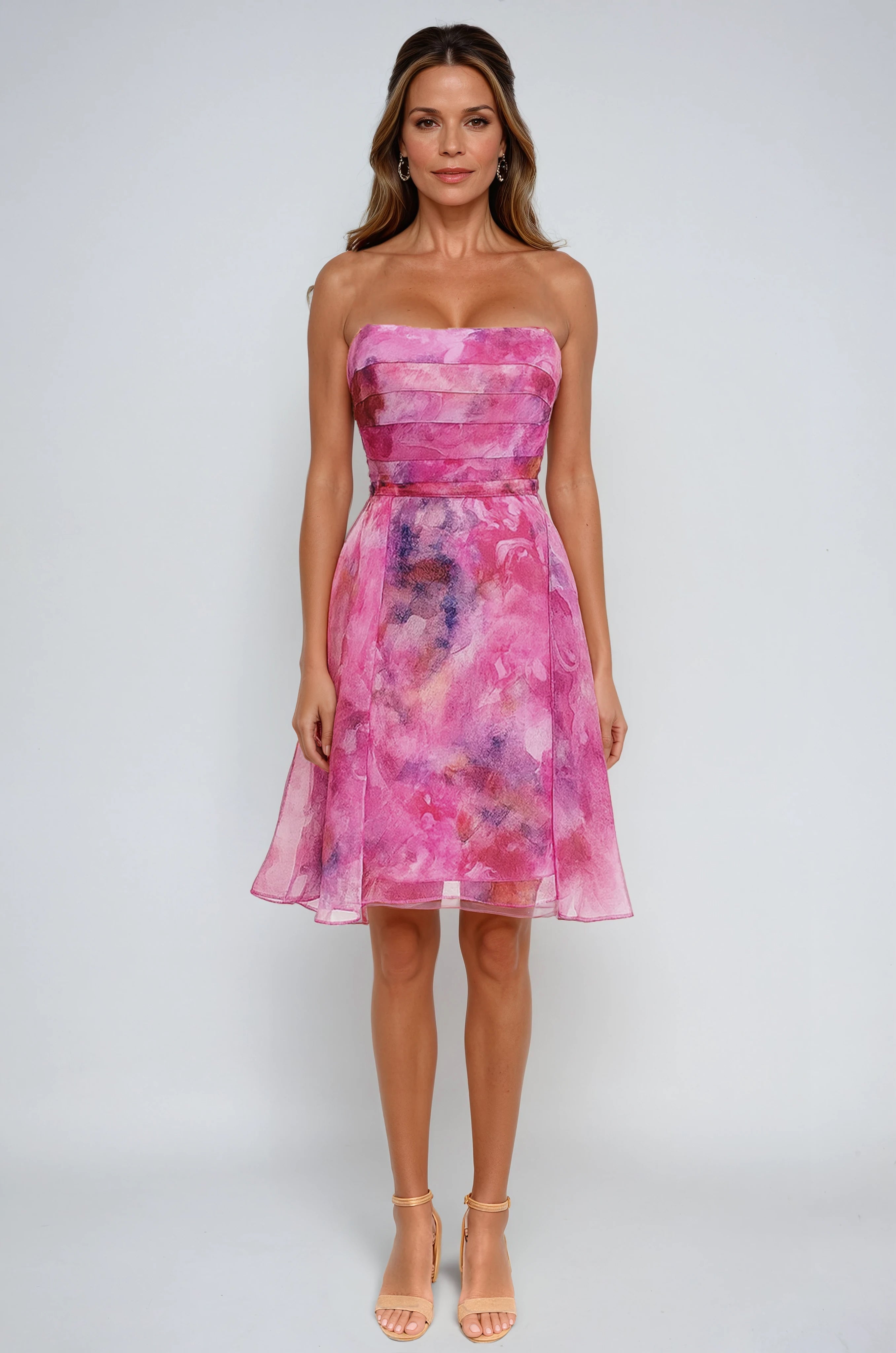Strapless Pleated Printed Organza A-Line Cocktail