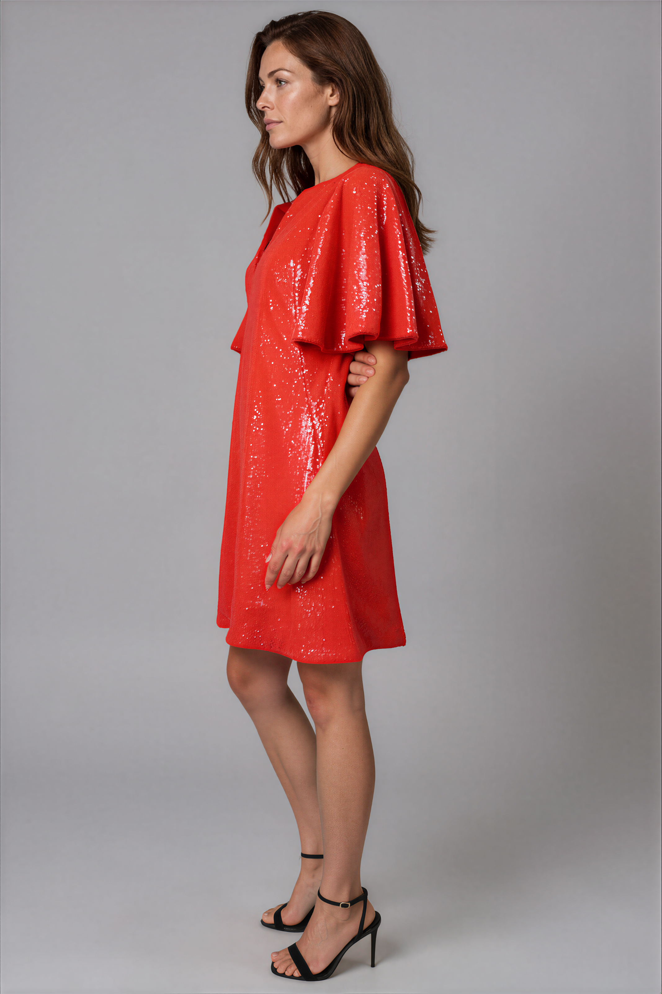V Neck Flare Sleeve Sequin A-Line Cocktail Cocktail Rene Ruiz Collection