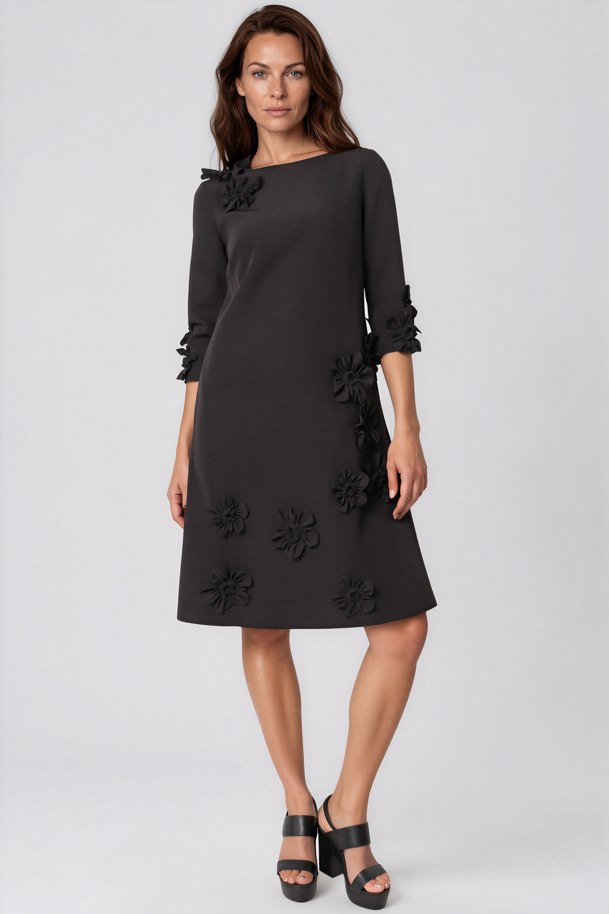 3/4 Sleeve Crepe Floral Applique A-Line Cocktail Cocktail Rene Ruiz Collection
