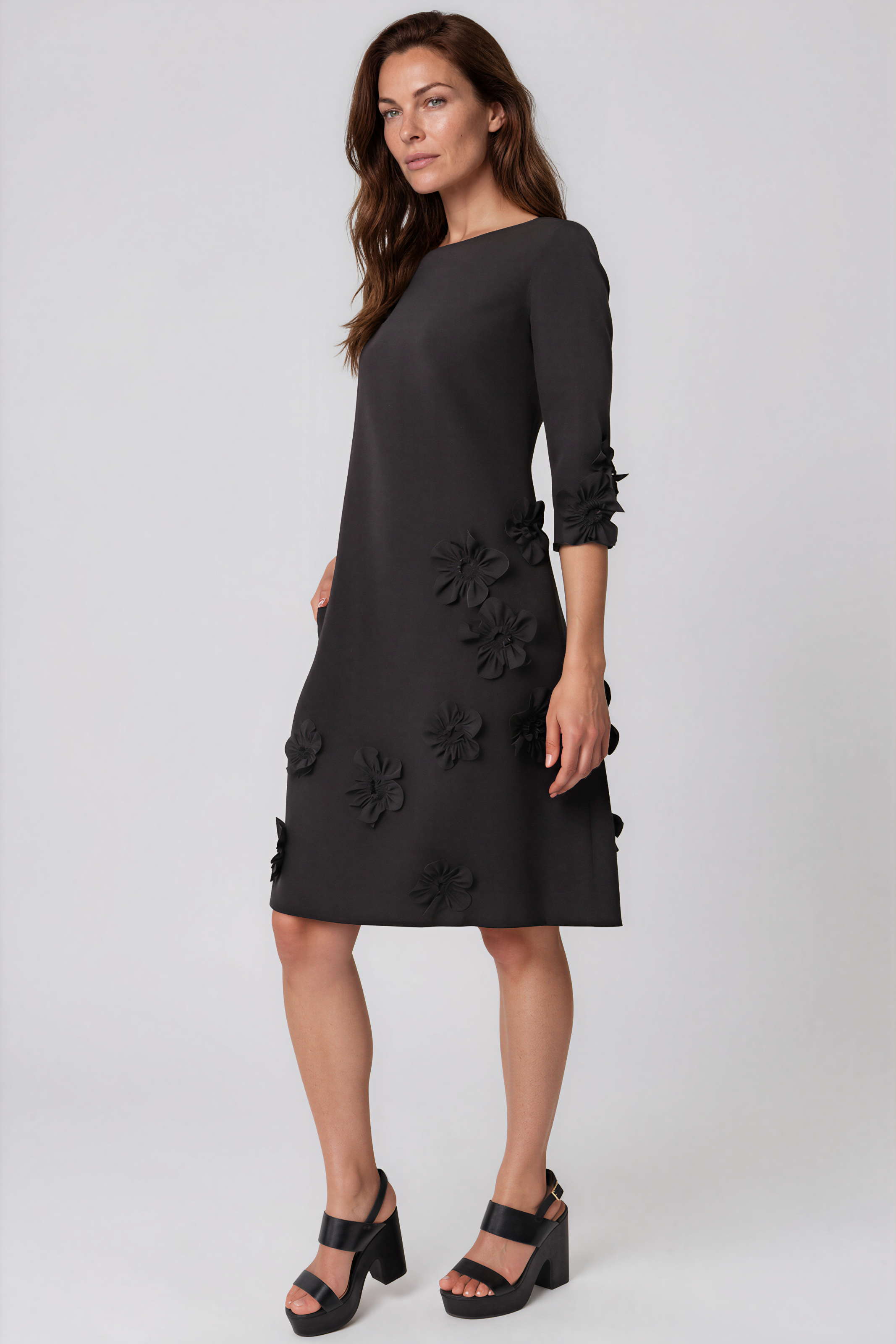 3/4 Sleeve Crepe Floral Applique A-Line Cocktail Cocktail Rene Ruiz Collection