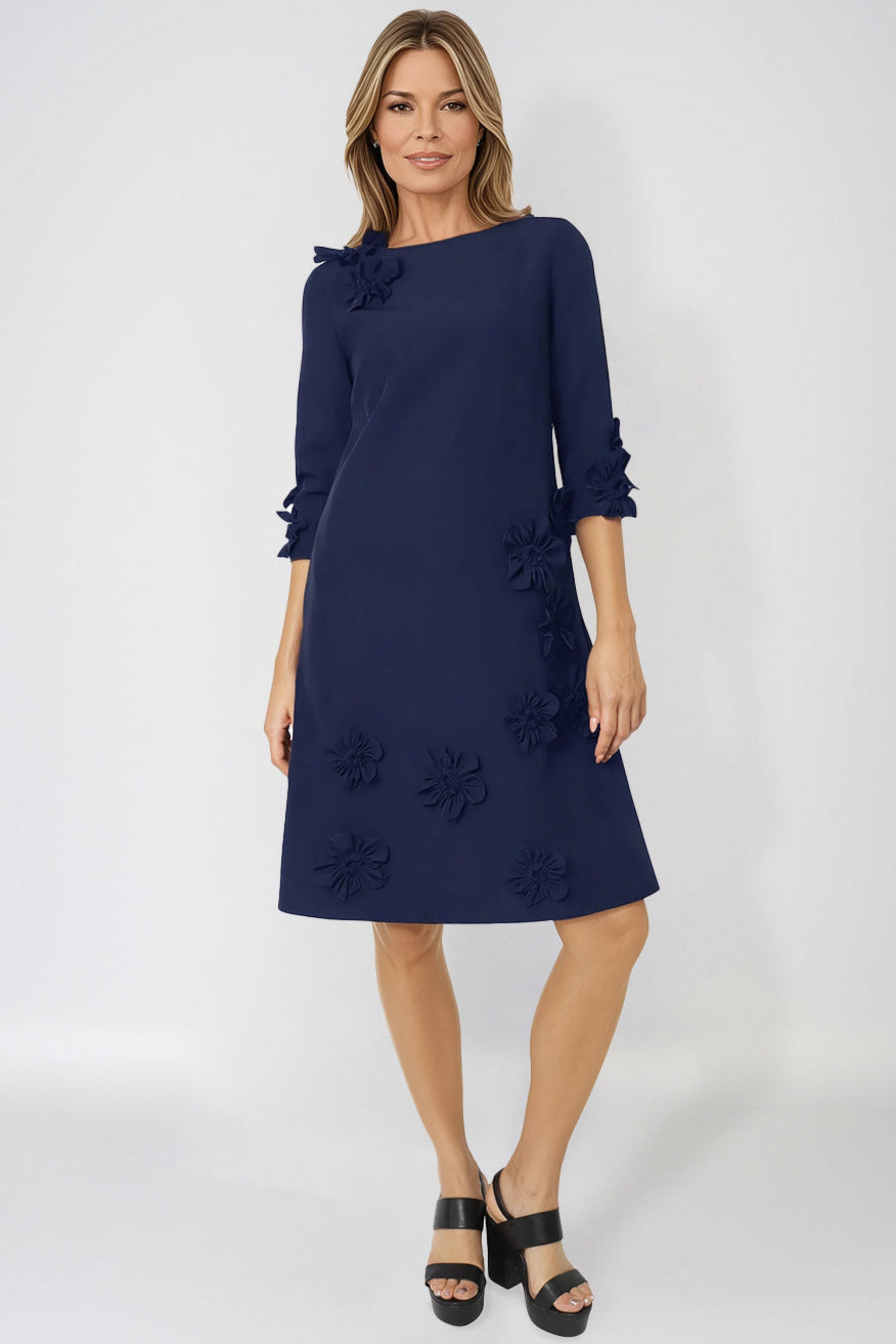 3/4 Sleeve Crepe Floral Applique A-Line Cocktail