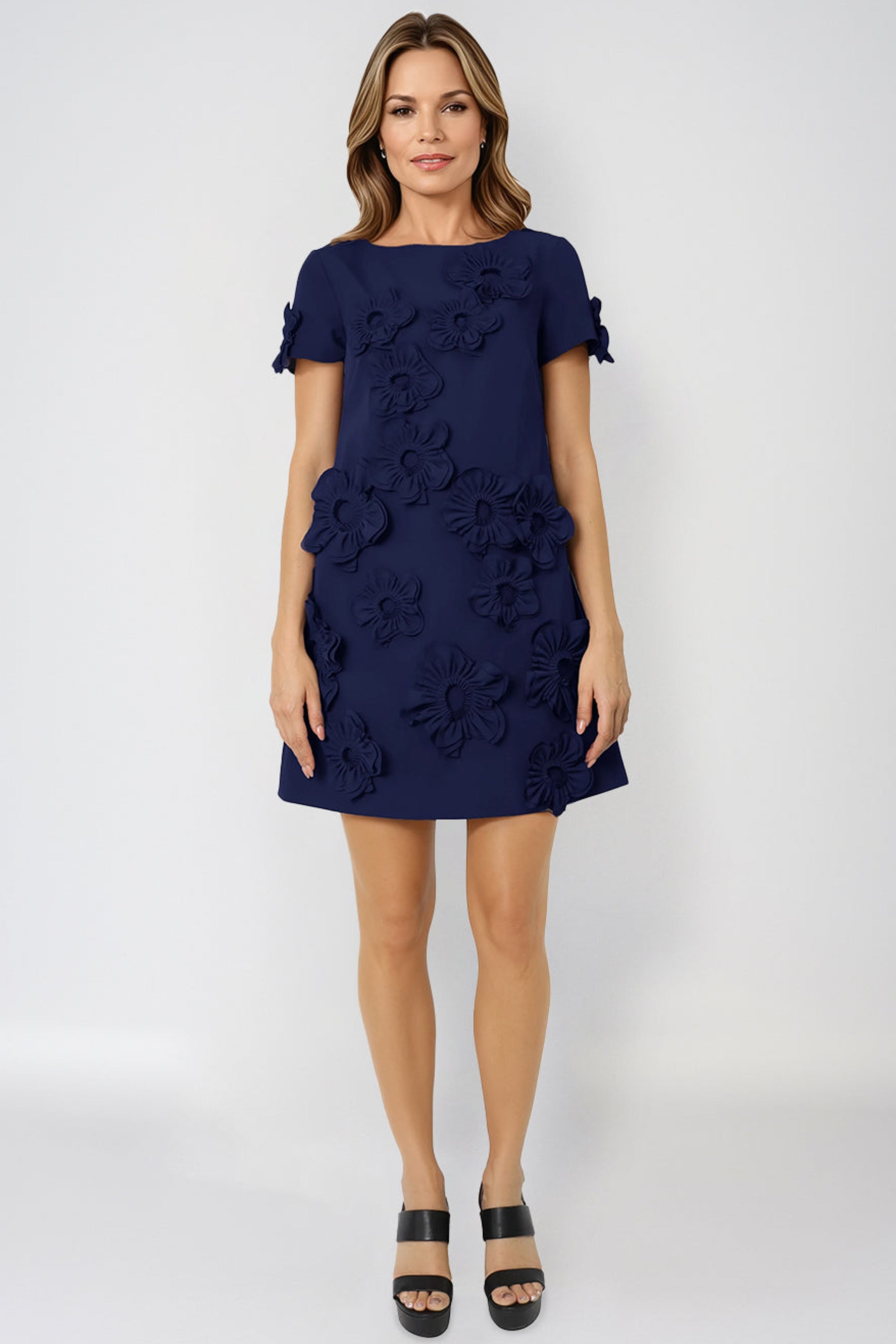 Short Sleeve Crepe Floral Applique Mini Cocktail Cocktail Rene Ruiz Collection