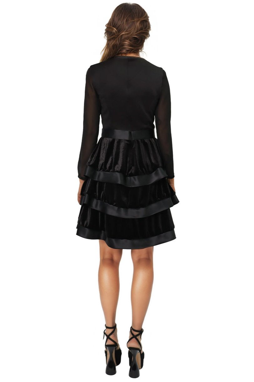 Long Sleeve Tiered Velvet Ruffle A-Line Cocktail Cocktail Rene Ruiz Collection