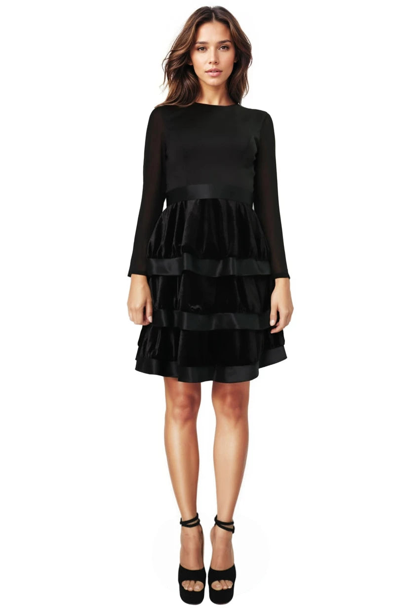 Long Sleeve Tiered Velvet Ruffle A-Line Cocktail Cocktail Rene Ruiz Collection