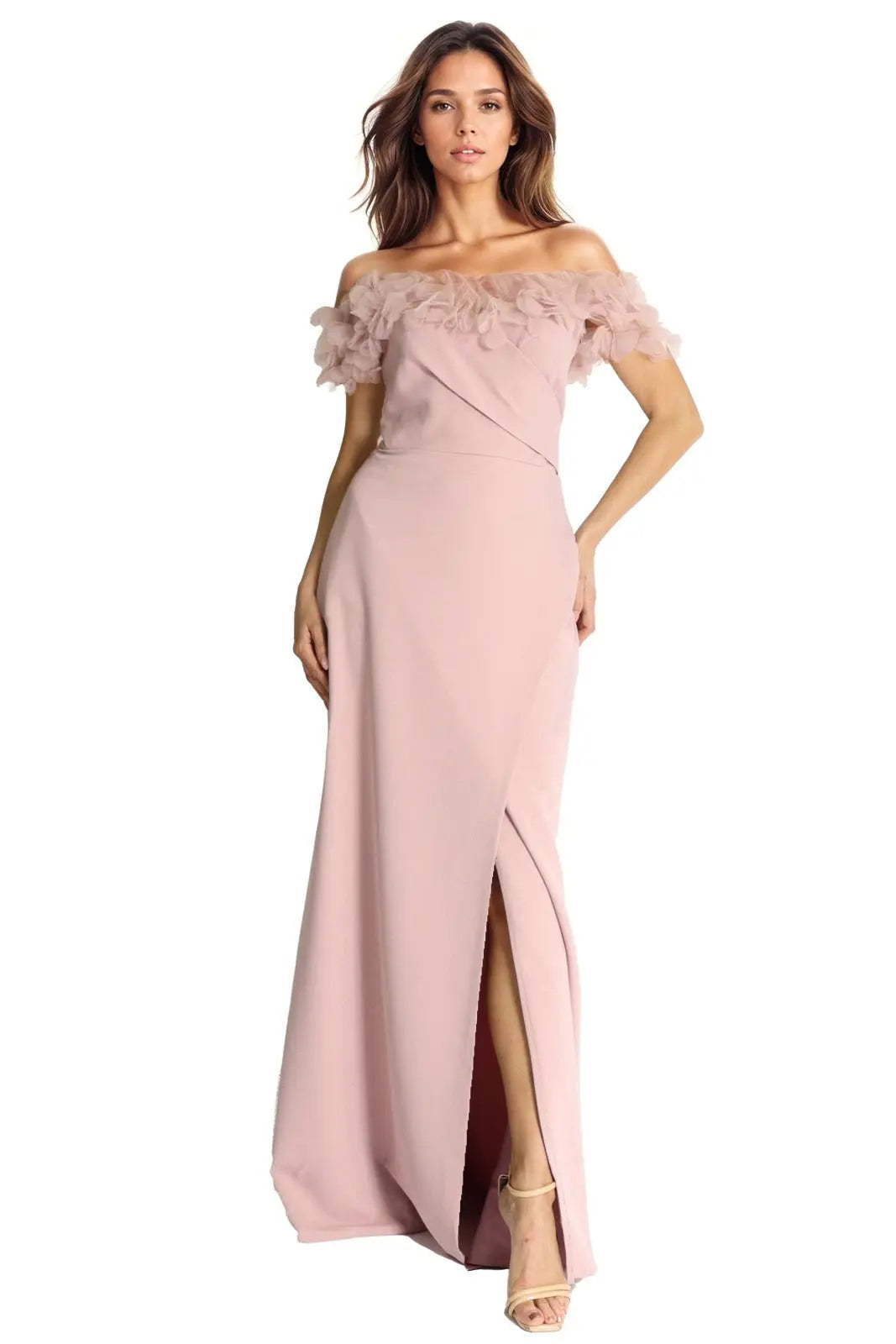 Off The Shoulder Floral Appliqué Crepe Gown Gown Rene Ruiz Collection