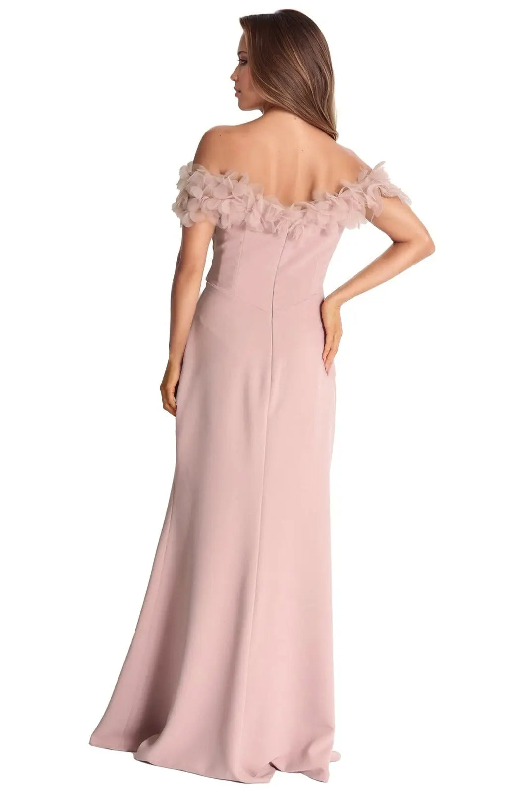 Off The Shoulder Floral Appliqué Crepe Gown Gown Rene Ruiz Collection
