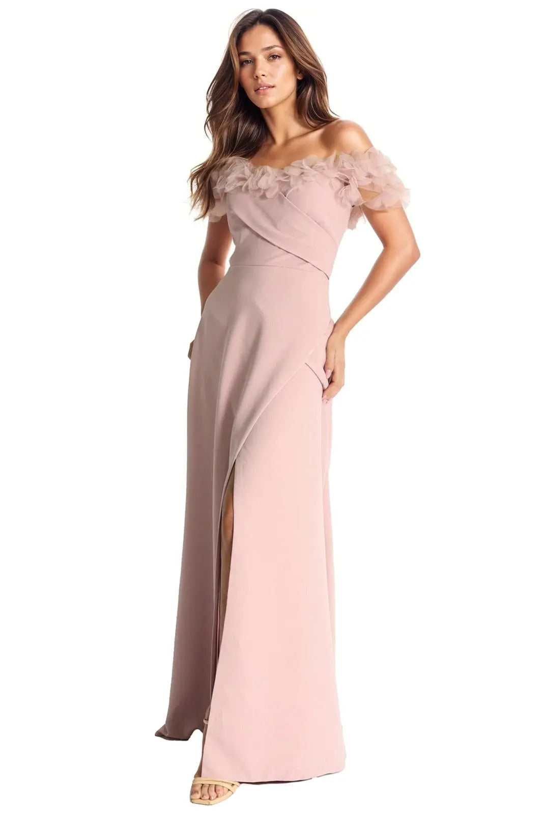 Off The Shoulder Floral Appliqué Crepe Gown Gown Rene Ruiz Collection