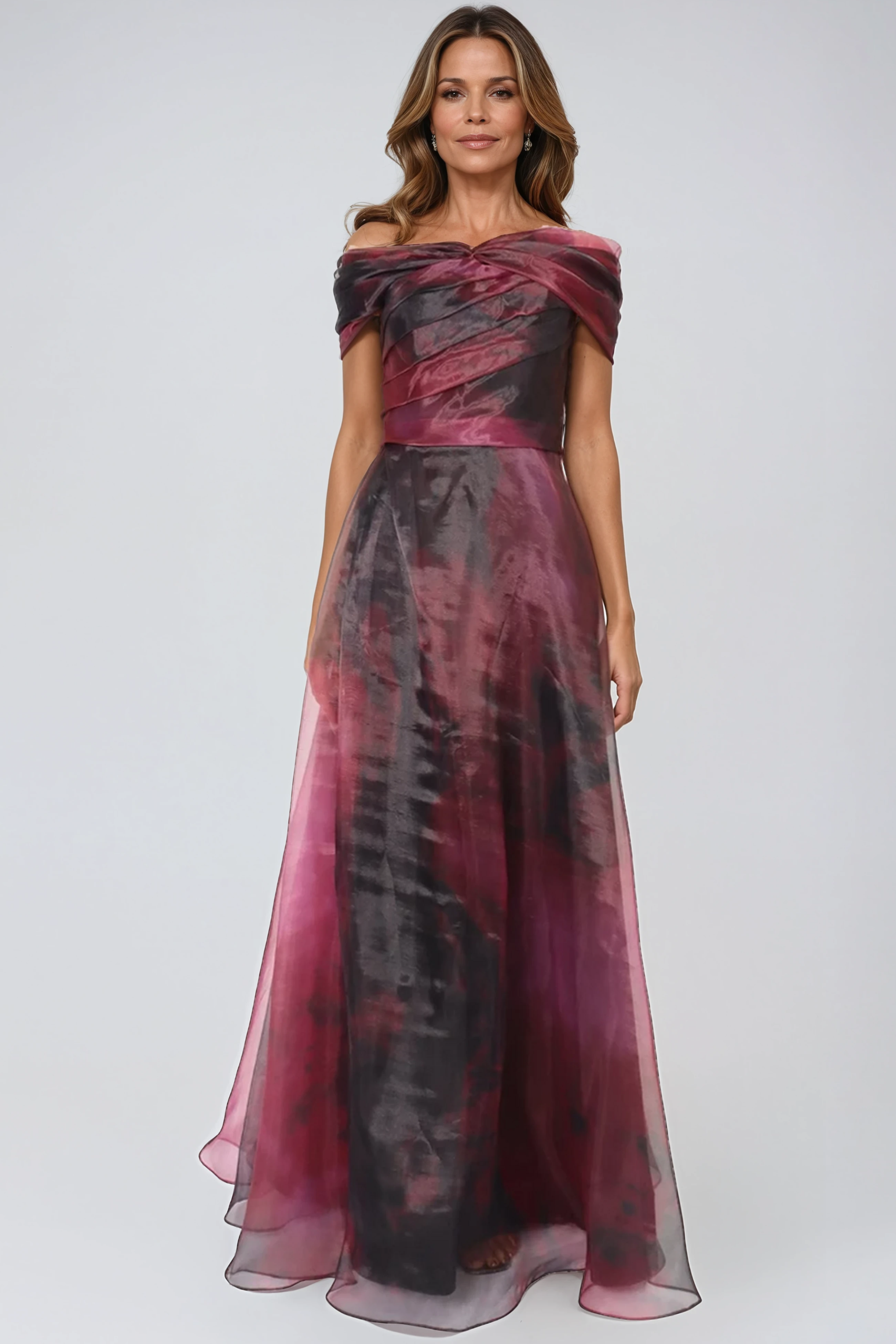 Twisted Off The Shoulder Organza Gown Gown Rene Ruiz Collection Red Smoke