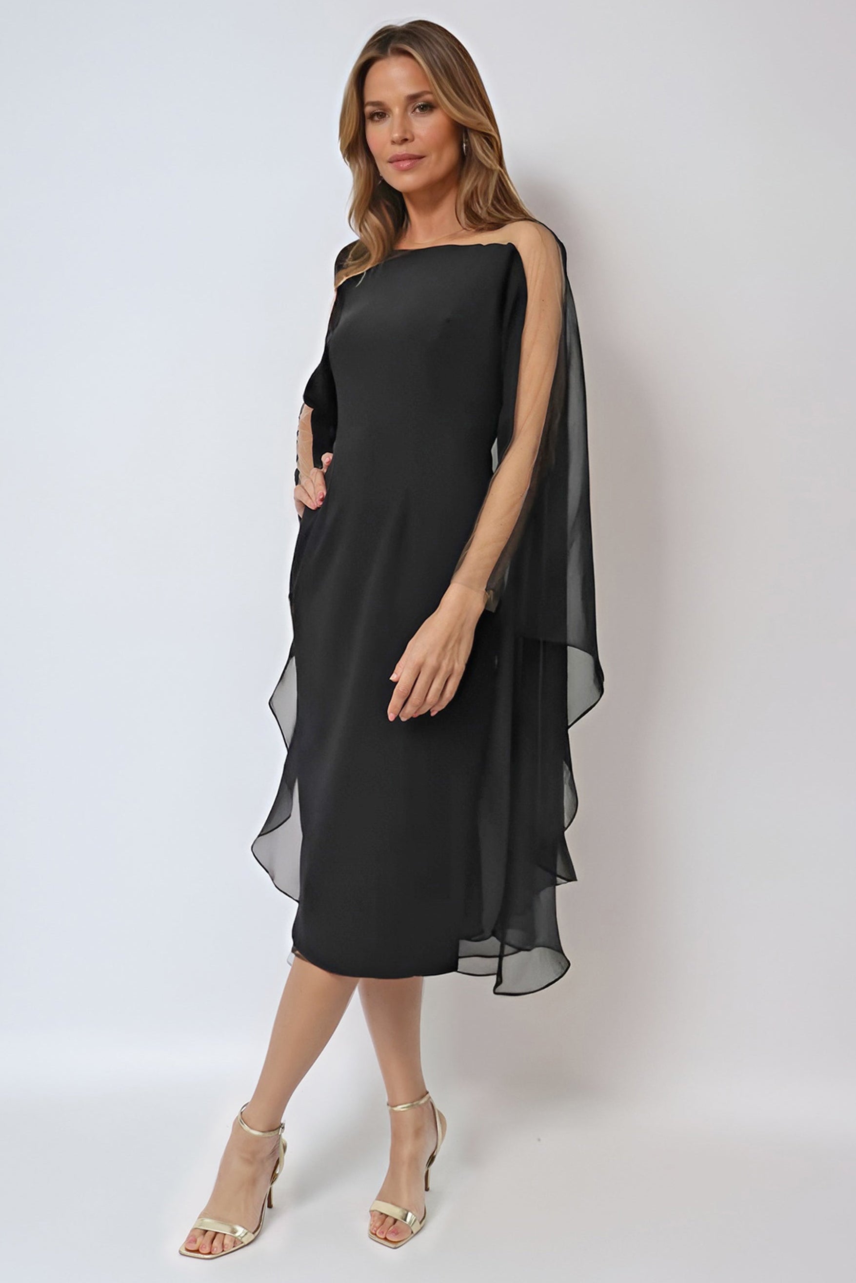 Illusion Neck Cape Sleeve Crepe Cocktail