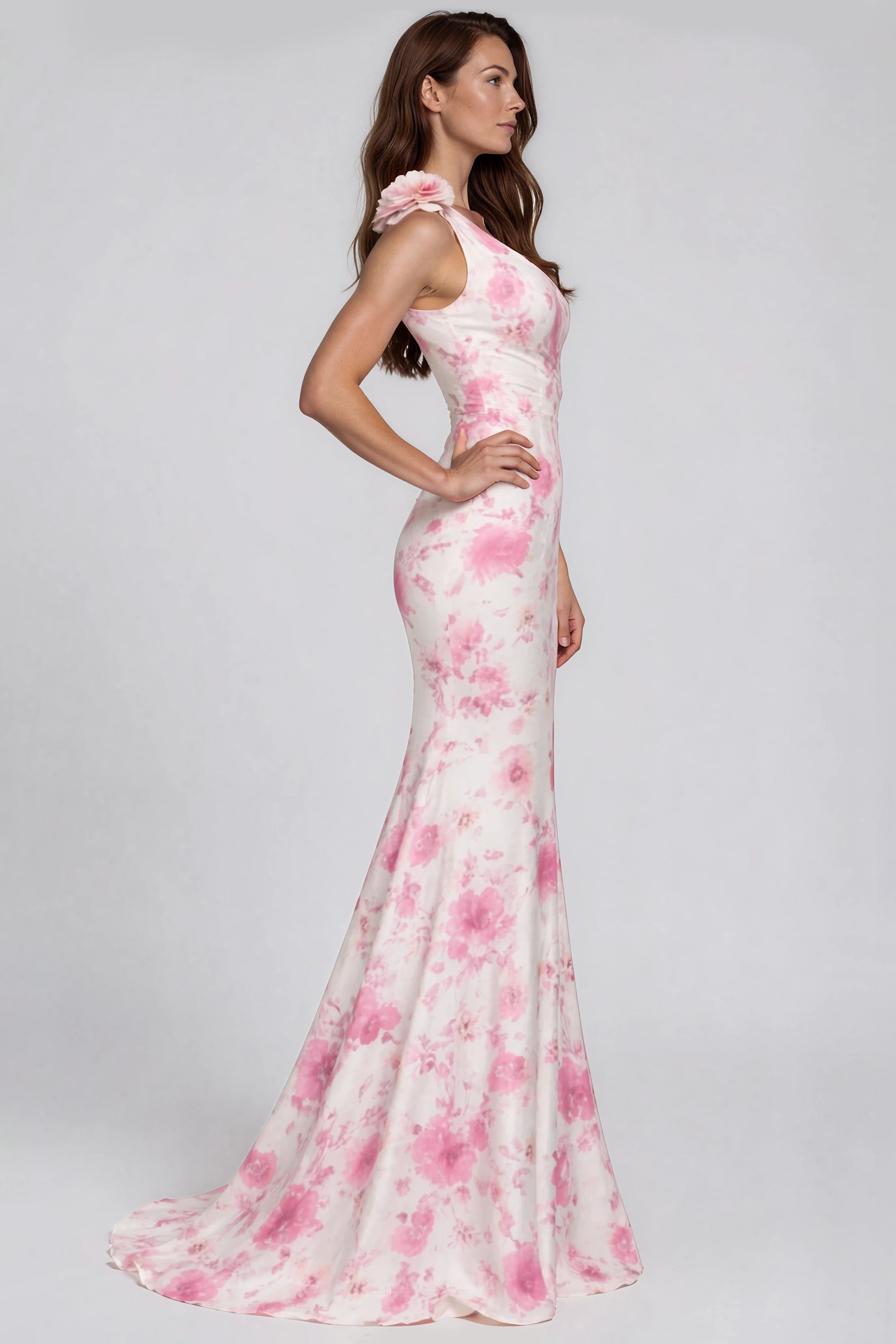 One Shoulder Floral Appliqué Scuba Stretch Fit And Flare Gown Gown Rene Ruiz Collection