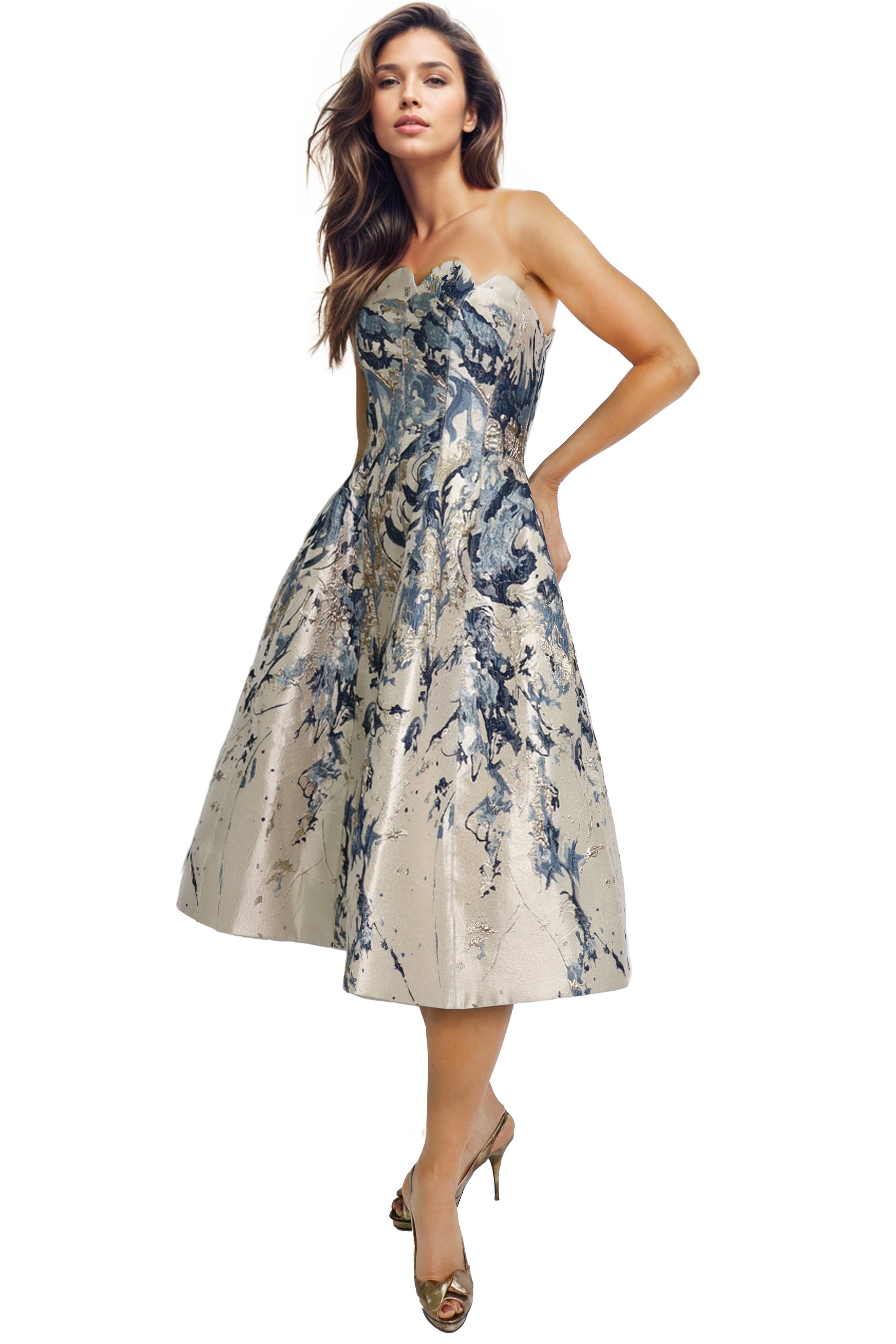 Strapless Scalloped Brocade Cocktail Midi Cocktail Rene Ruiz Collection