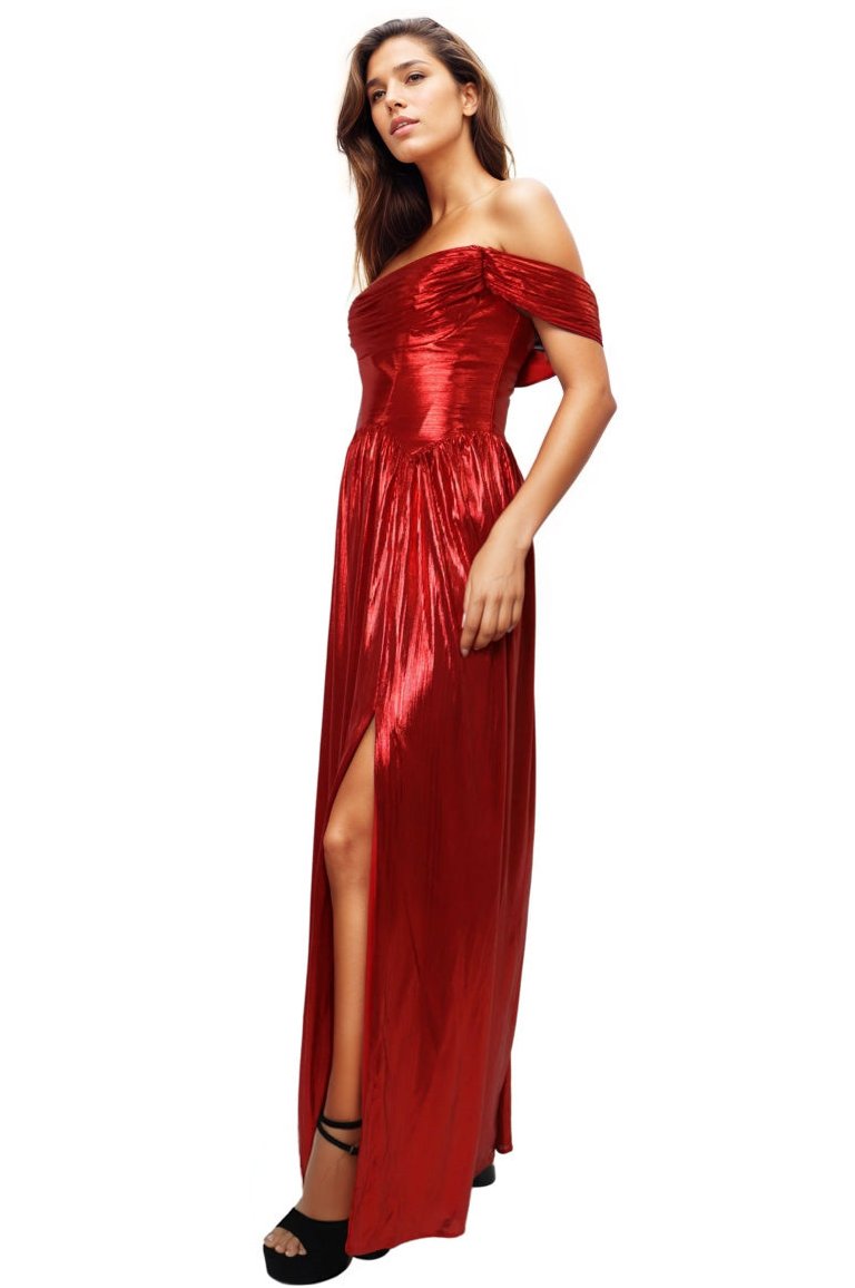 Off The Shoulder Metallic Knit A-Line Gown Gown Rene Ruiz Collection