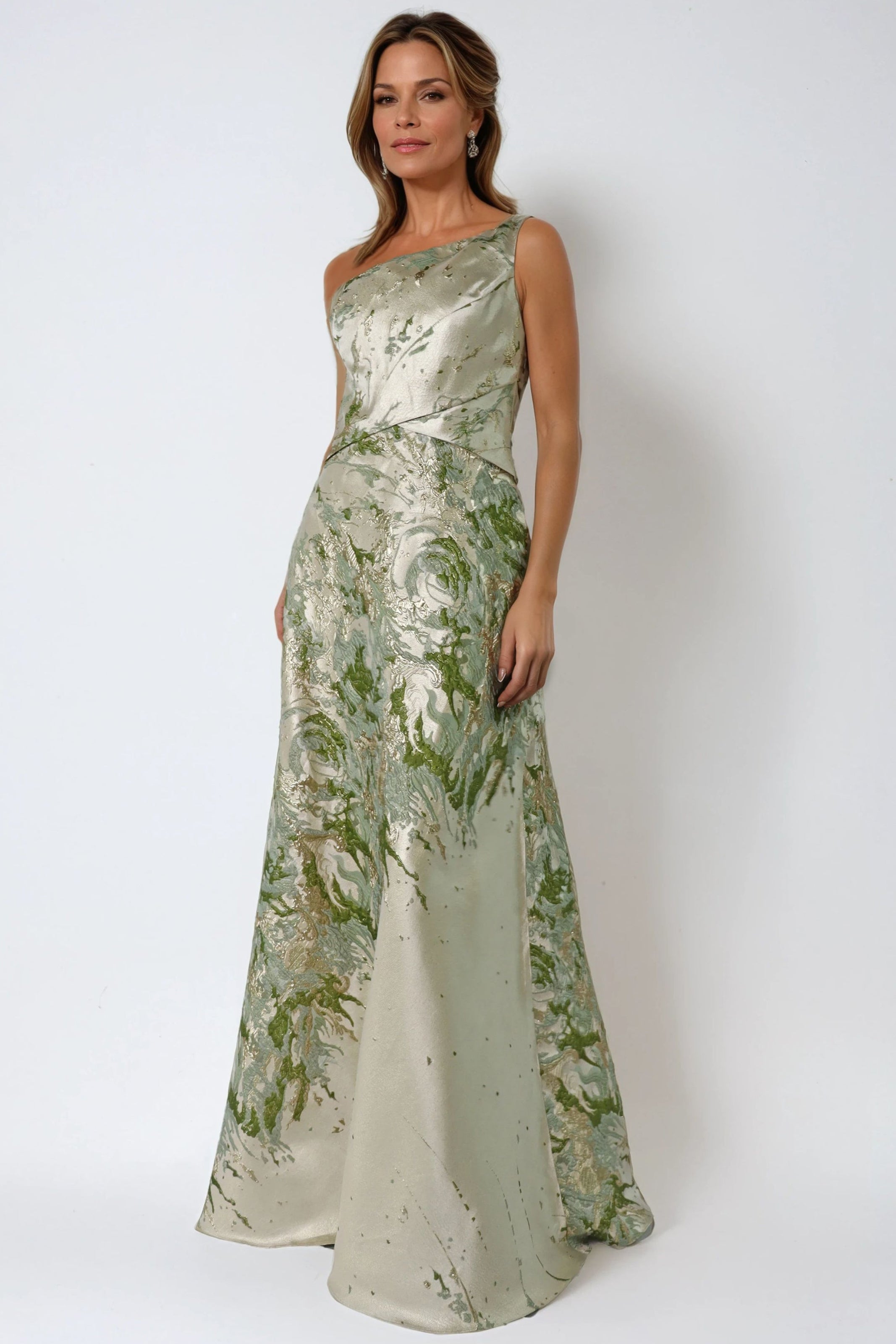 One Shoulder Brocade Metallic A-Line Gown Gown Rene Ruiz Collection