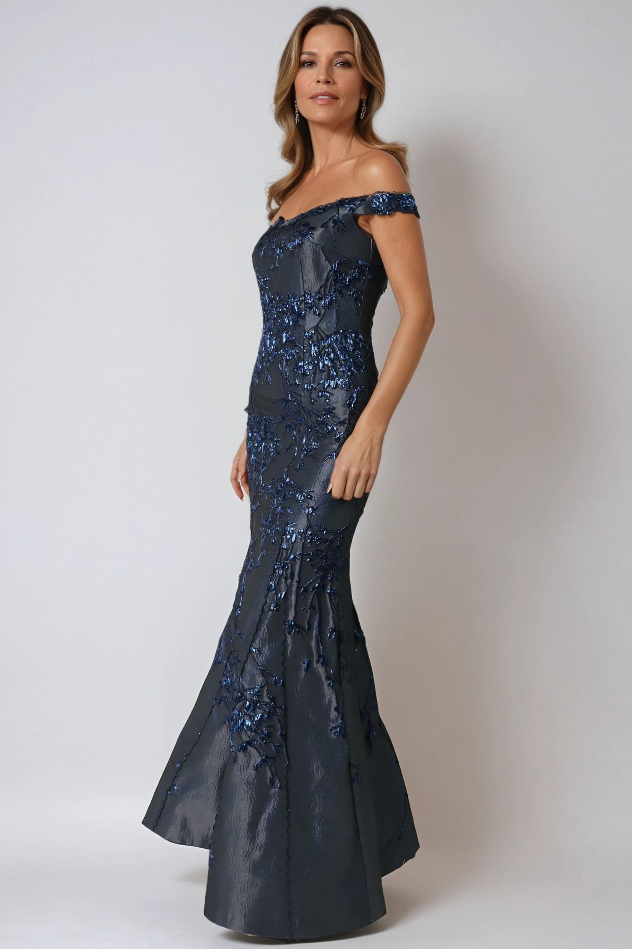 Off The Shoulder Brocade Fit And Flare Gown Gown Rene Ruiz Collection