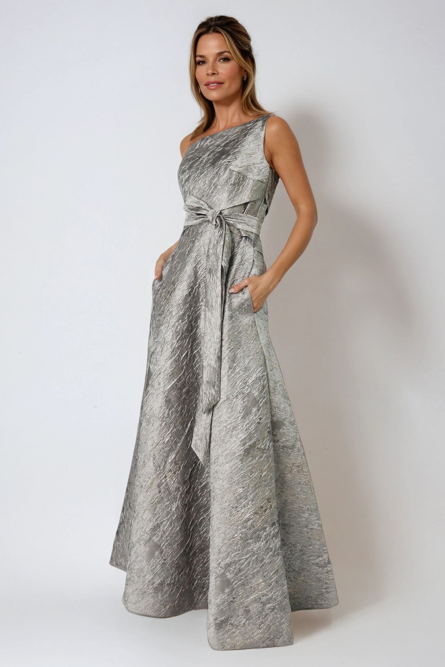 Asymmetric One Shoulder Brocade Gown Gown Rene Ruiz Collection