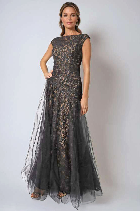 Bateau Neck Lace Tulle A-Line Gown Gown Rene Ruiz Collection