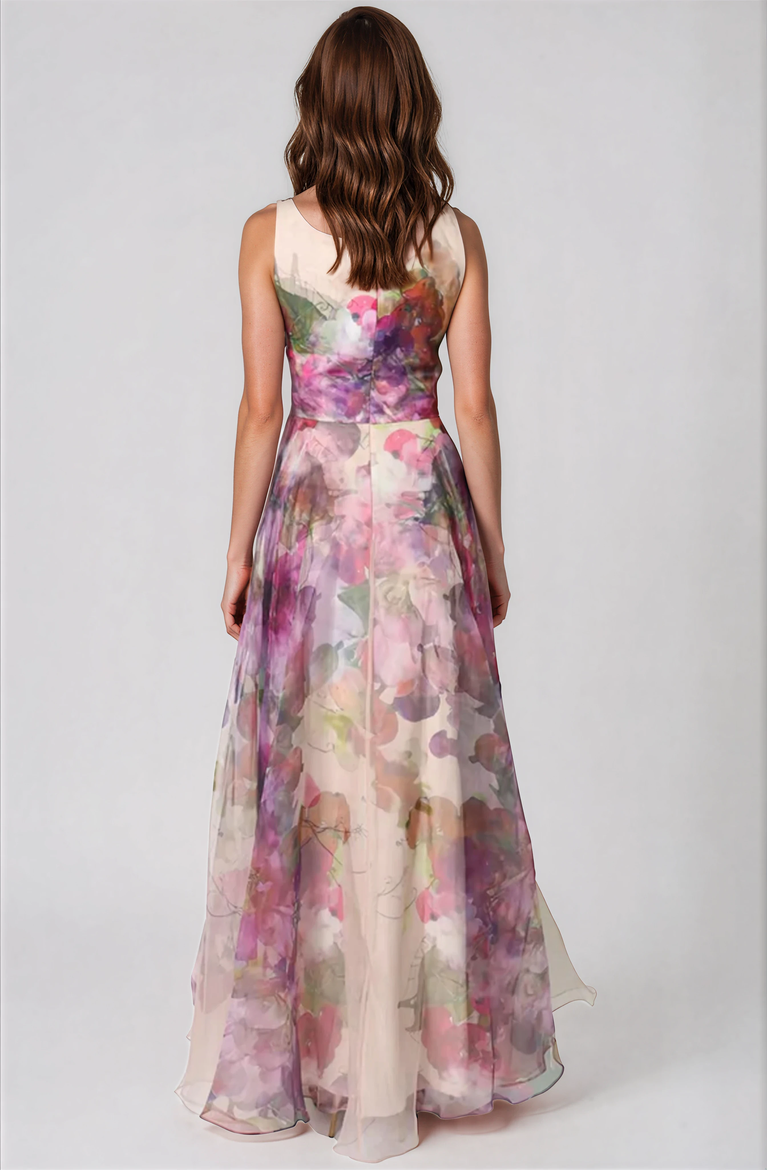 Sleeveless V-Neck Floral Print Organza Gown Gown Rene Ruiz Collection