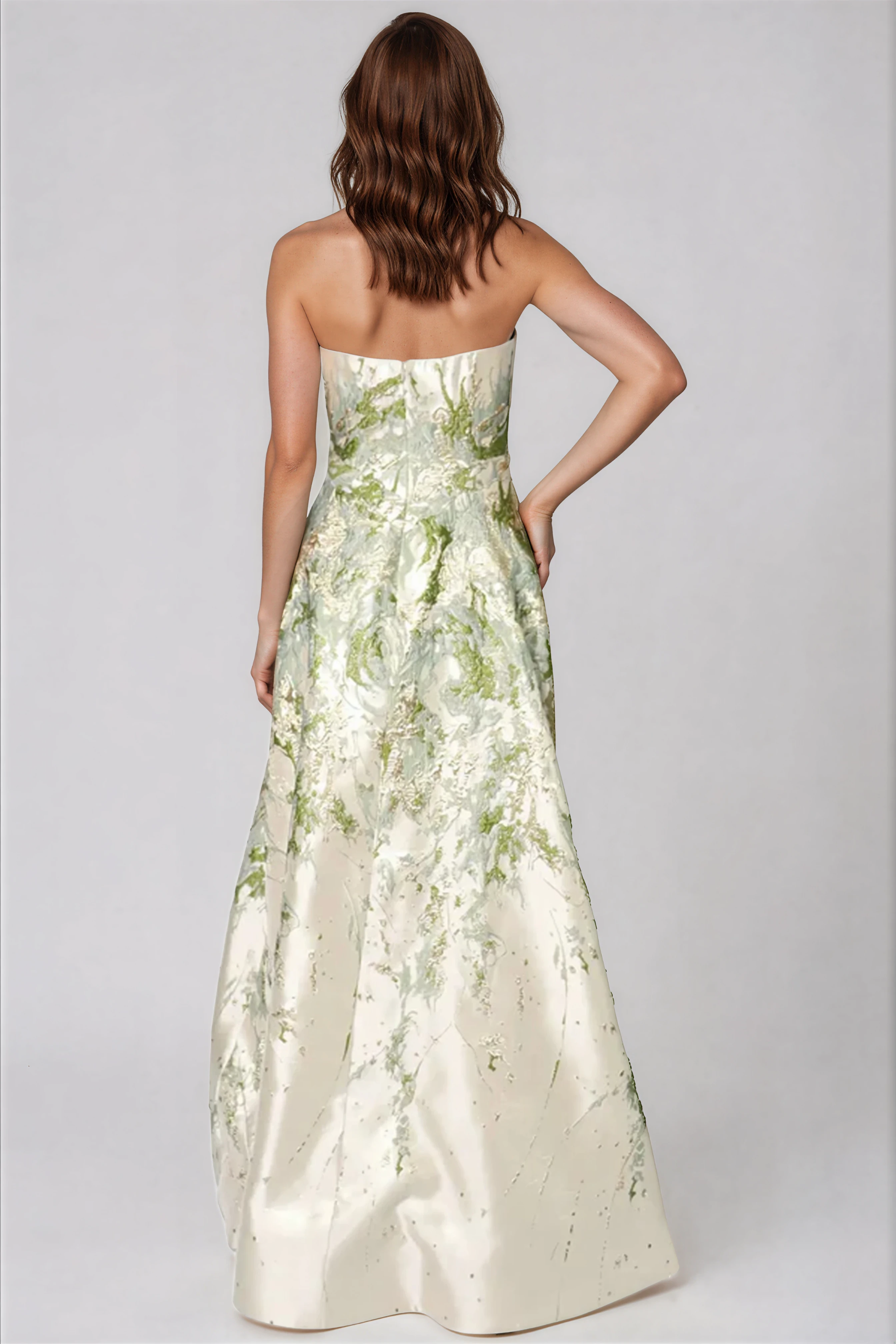 Strapless Boarder Print Brocade A-Line Gown Gown Rene Ruiz Collection