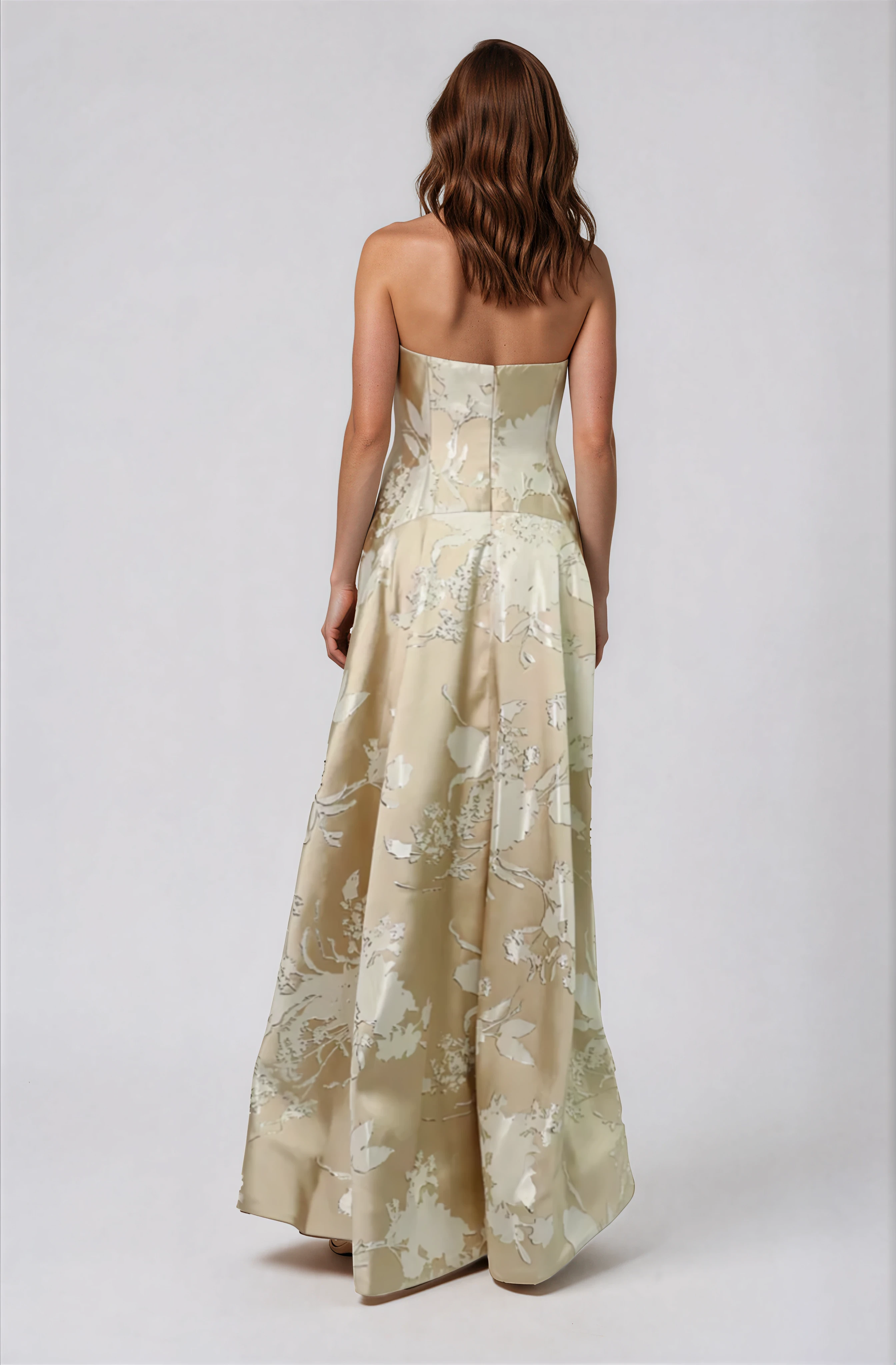 Strapless Brocade Gown with Cascading Skirt Gown Rene Ruiz Collection