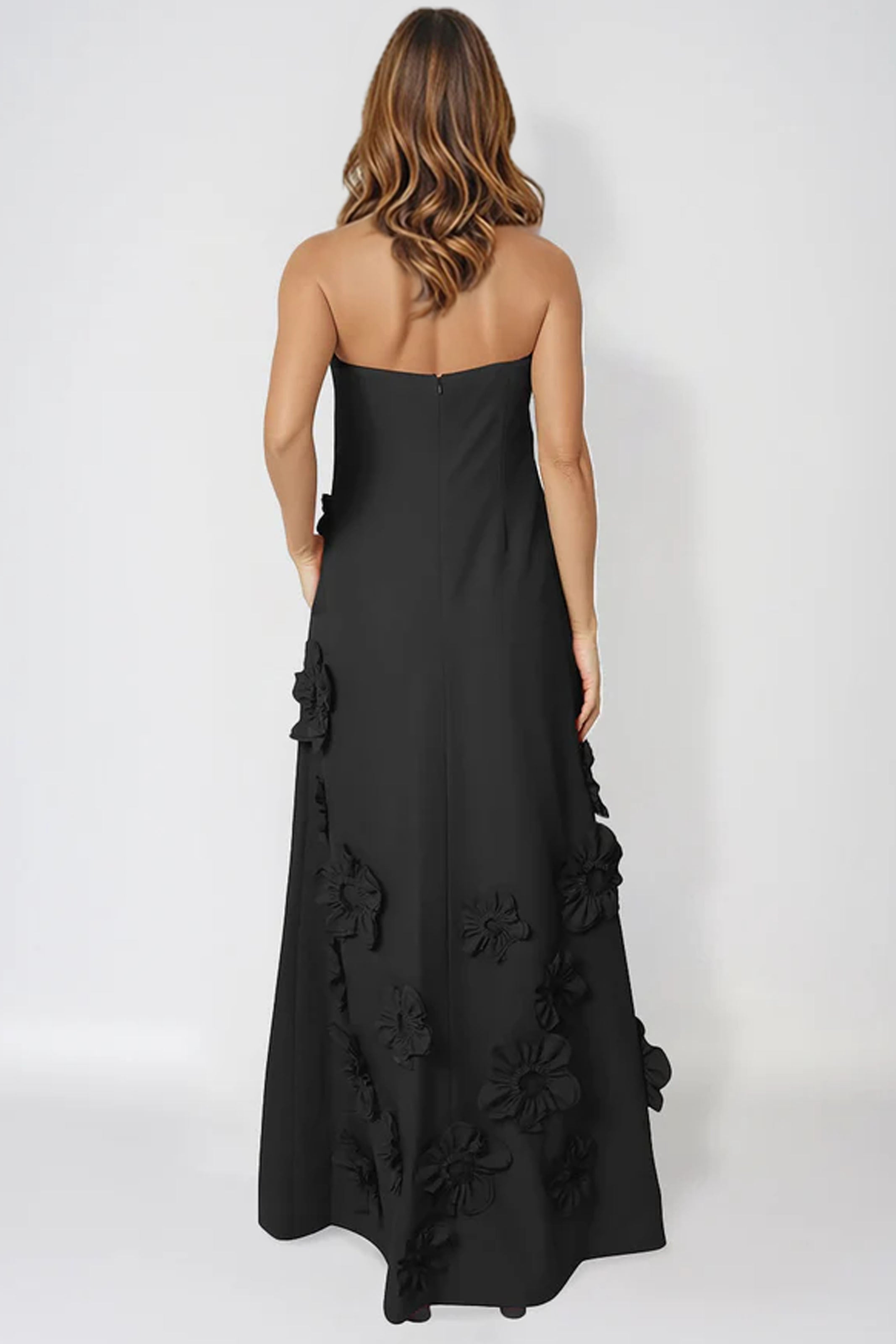 Strapless Floral Appliqué A-Line Crepe Gown Gown Rene Ruiz Collection