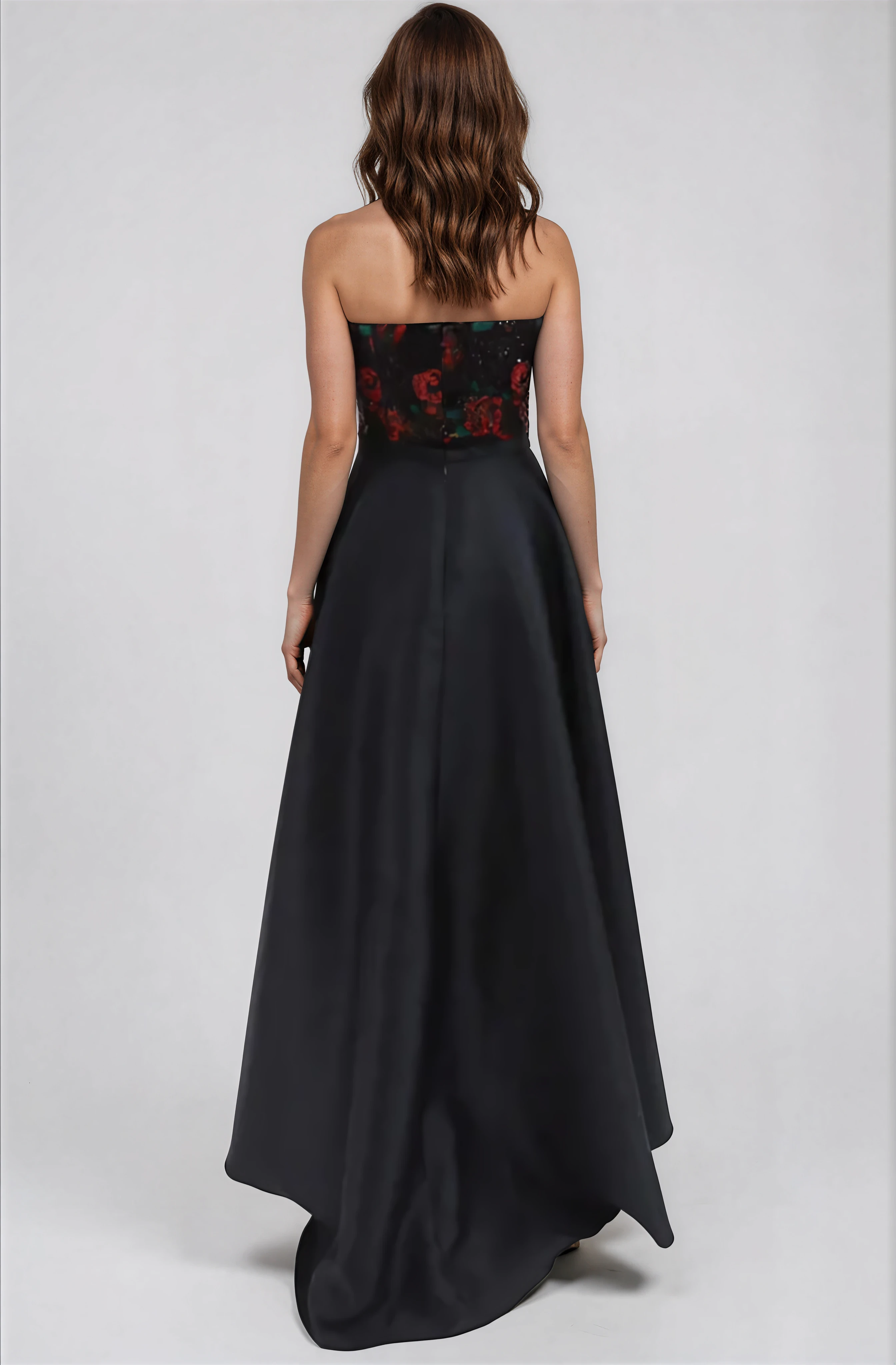 Strapless Floral Sequin Midi With High-Low Overskirt Cocktail Rene Ruiz Collection