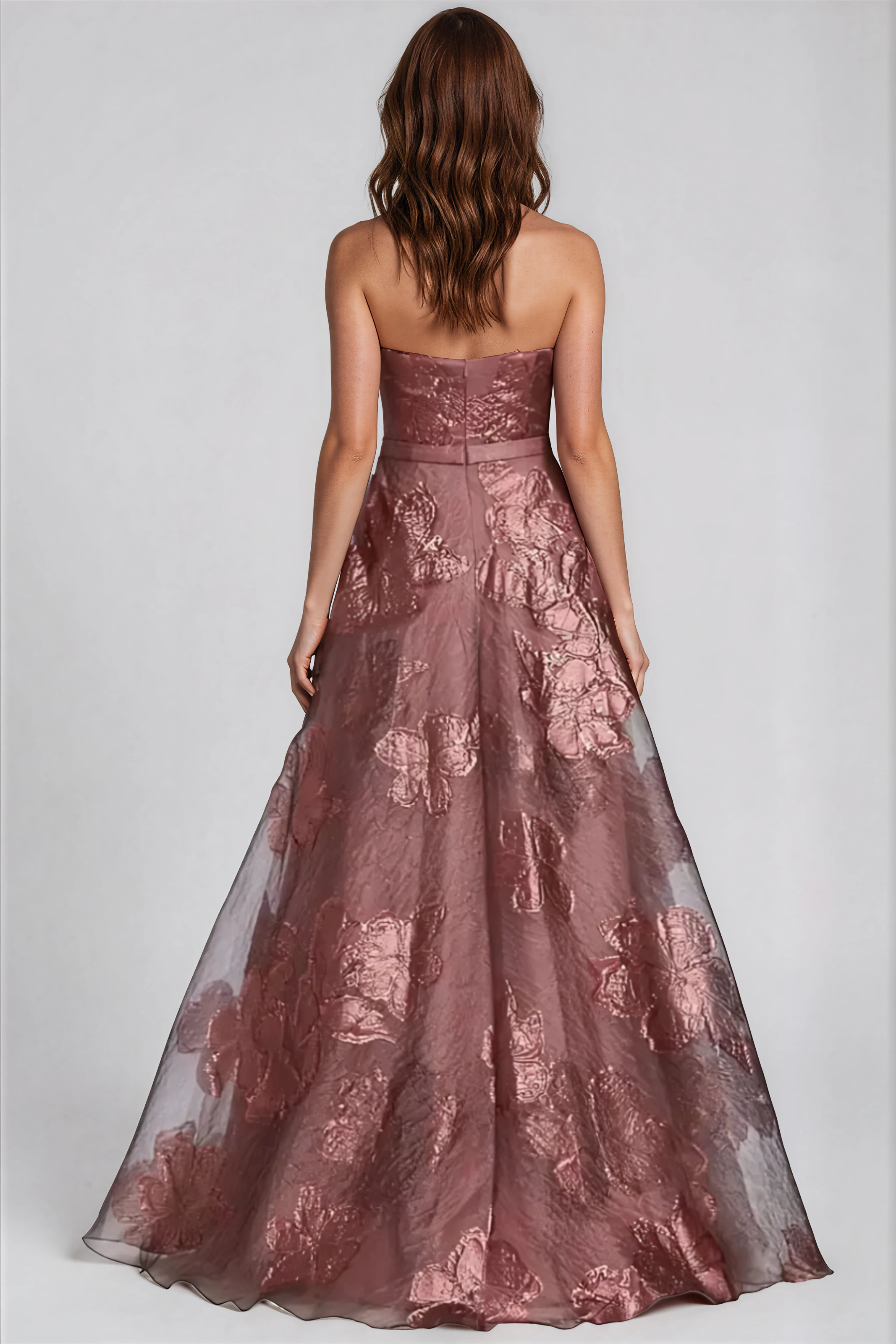 Strapless Metallic Floral Fil Coupe Gown Gown Rene Ruiz Collection