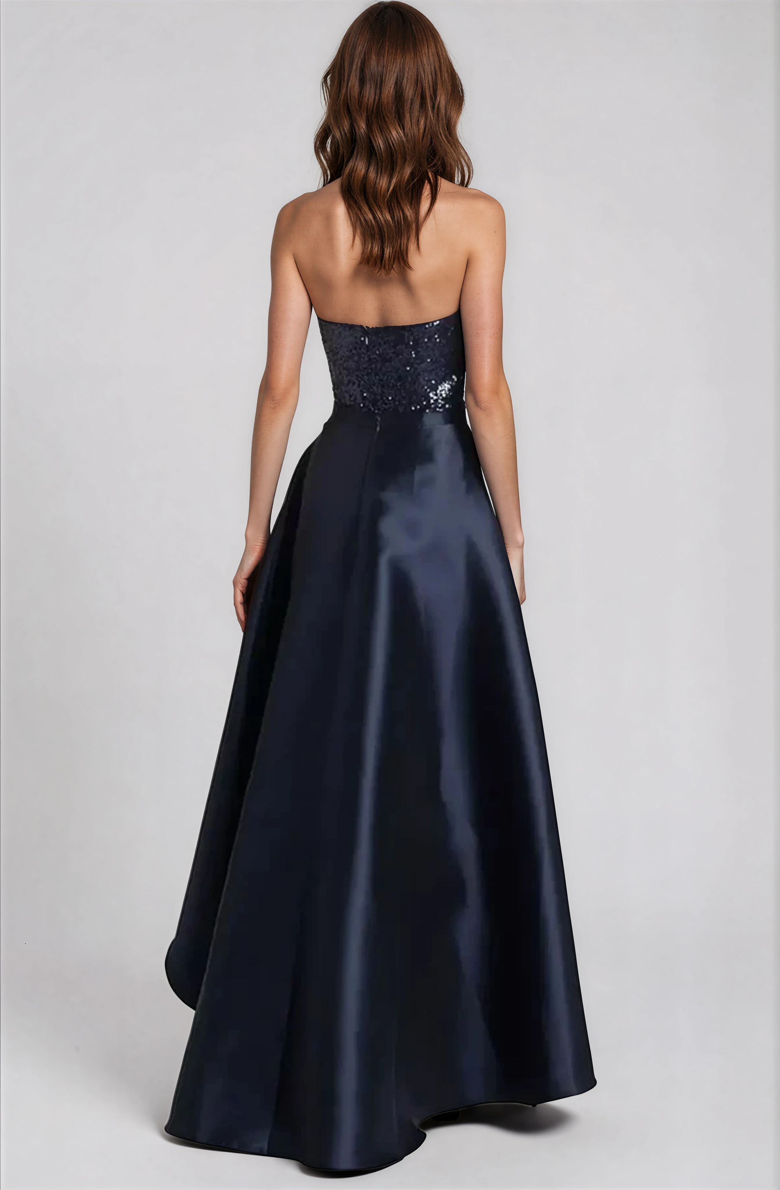 Strapless Sequin Midi With High-Low Removable Skirt Gown Rene Ruiz Collection