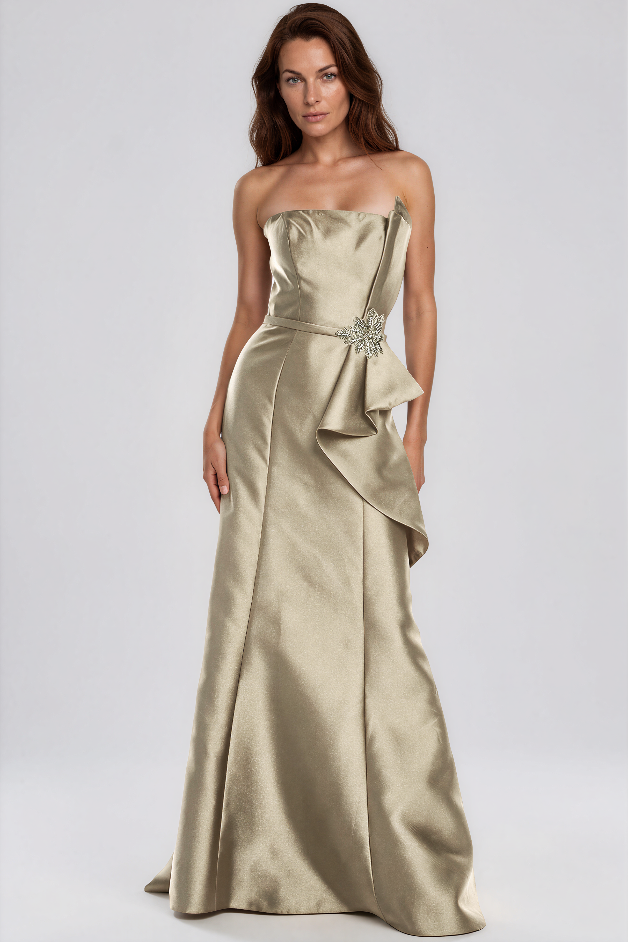 Strapless Ruffle Bow A-Line Gown Gown Rene Ruiz Collection 2 Champagne