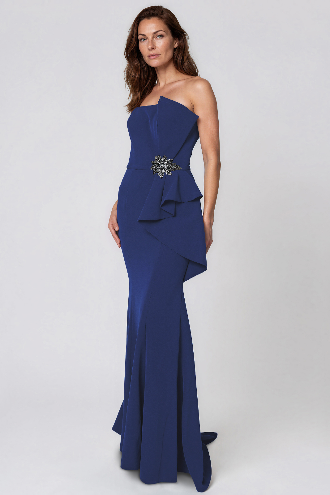 Strapless Ruffle Bow Column Gown Gown Rene Ruiz Collection