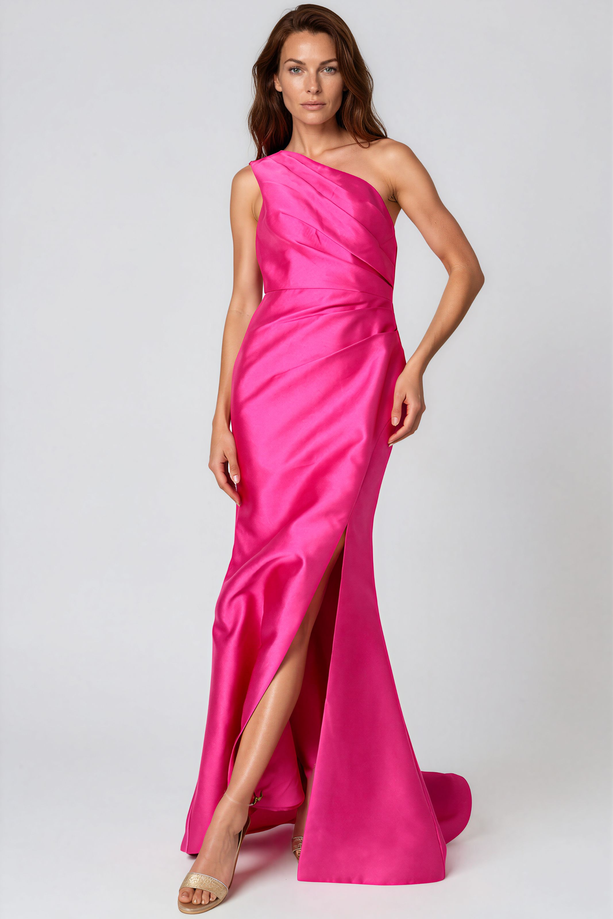 One Shoulder Draped Fit and Flare Mikado Gown Rene Ruiz Collection