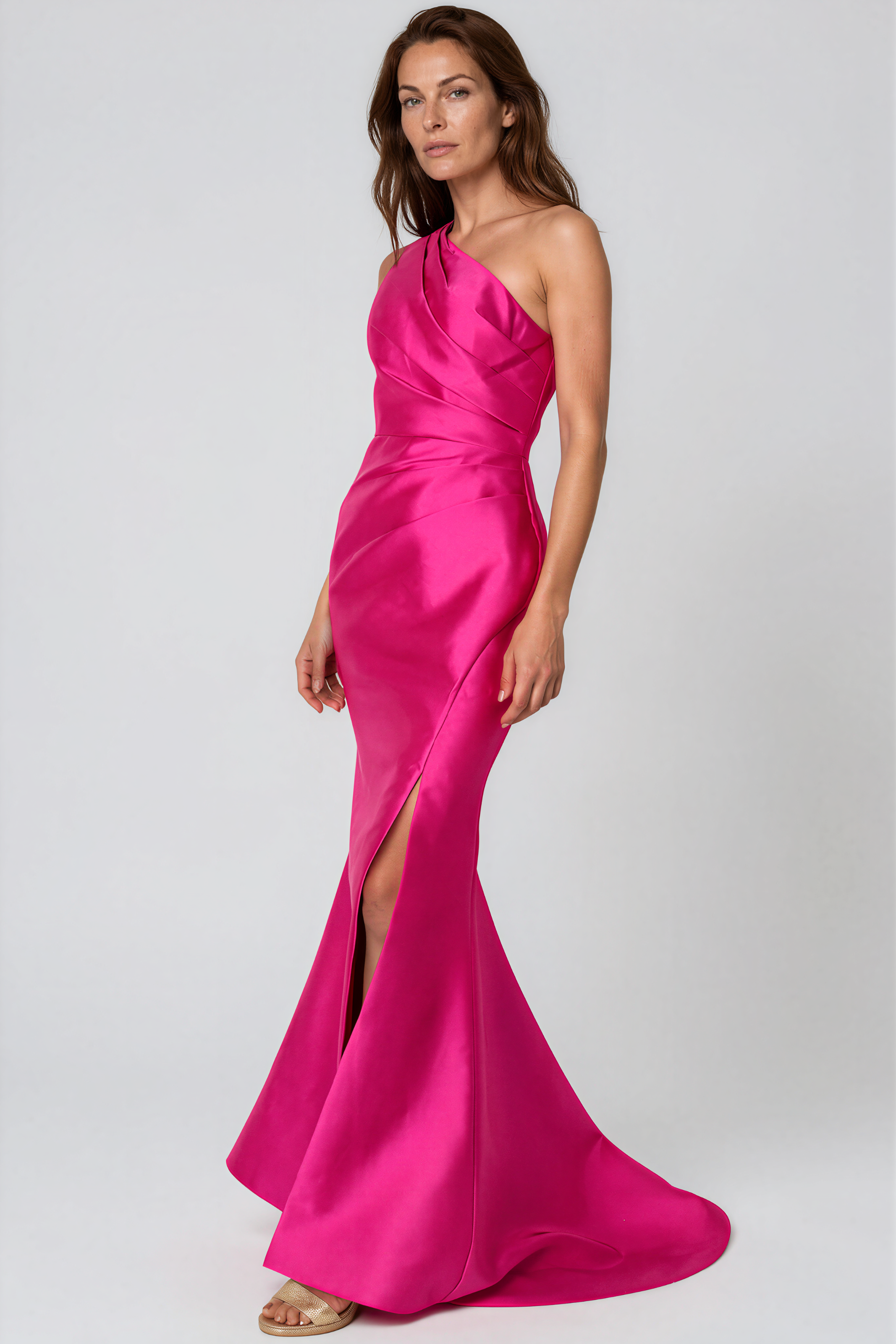 One Shoulder Draped Fit and Flare Mikado Gown Rene Ruiz Collection