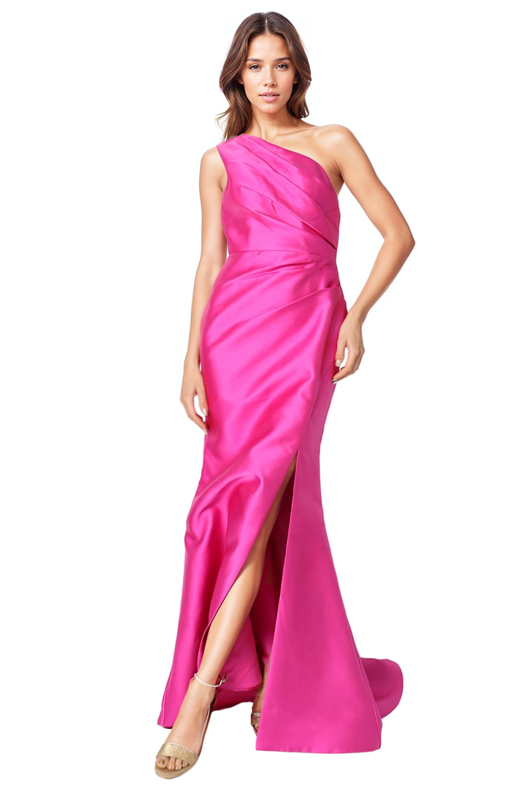 One Shoulder Draped Fit and Flare Mikado Gown Rene Ruiz Collection 2 Plum