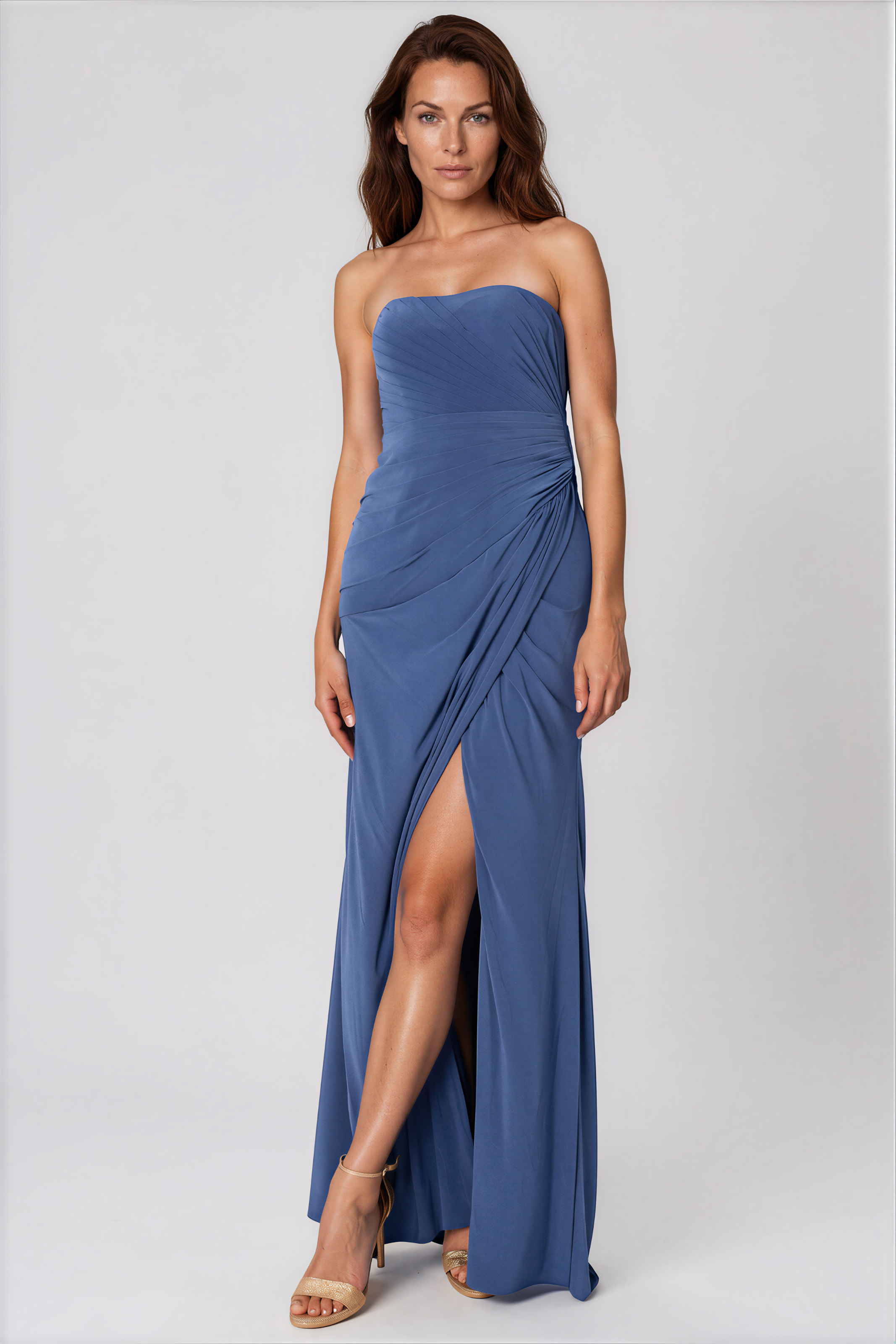 Strapless Pleated Wrap Around A-Line Gown Rene Ruiz Collection