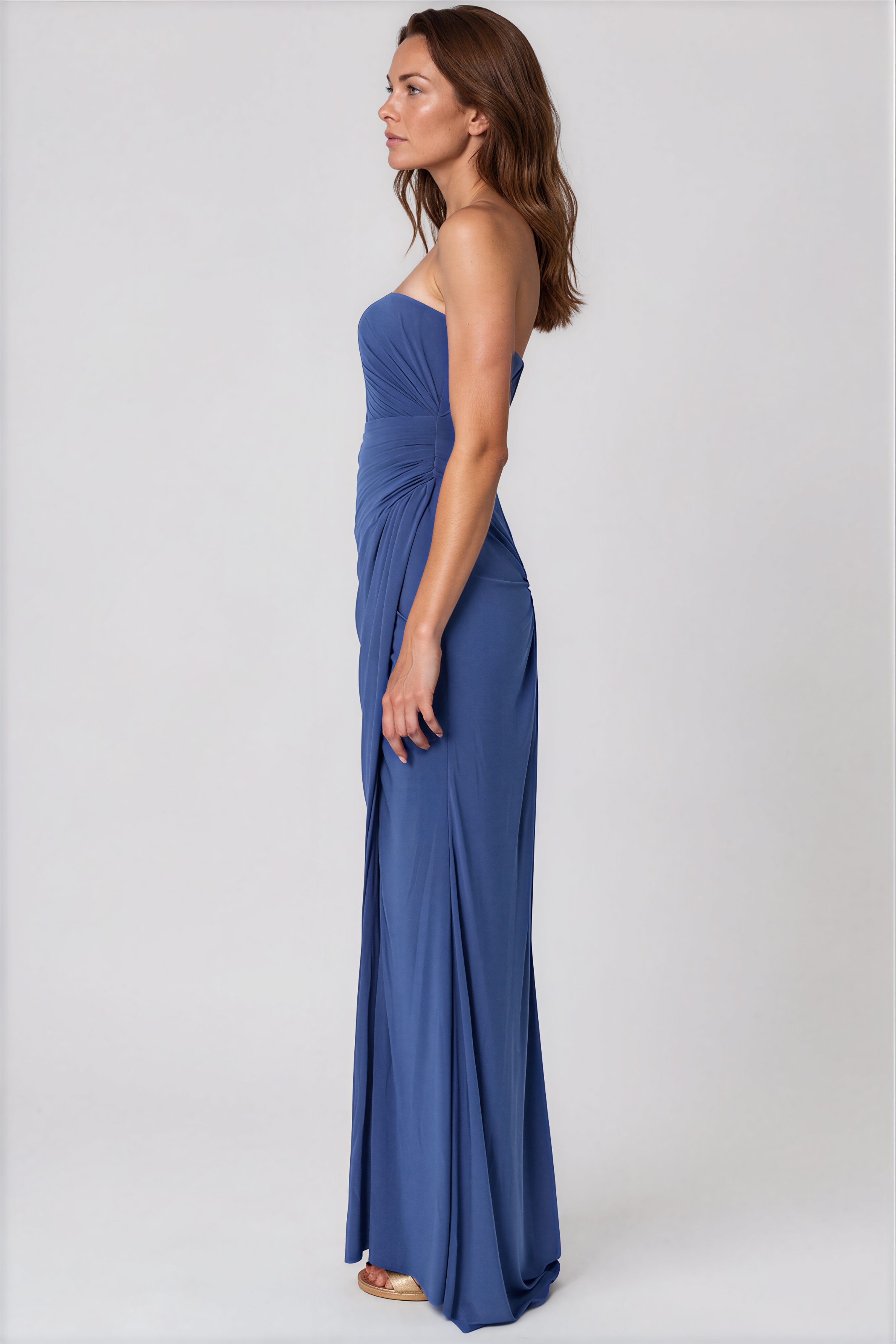 Strapless Pleated Wrap Around A-Line Gown Rene Ruiz Collection