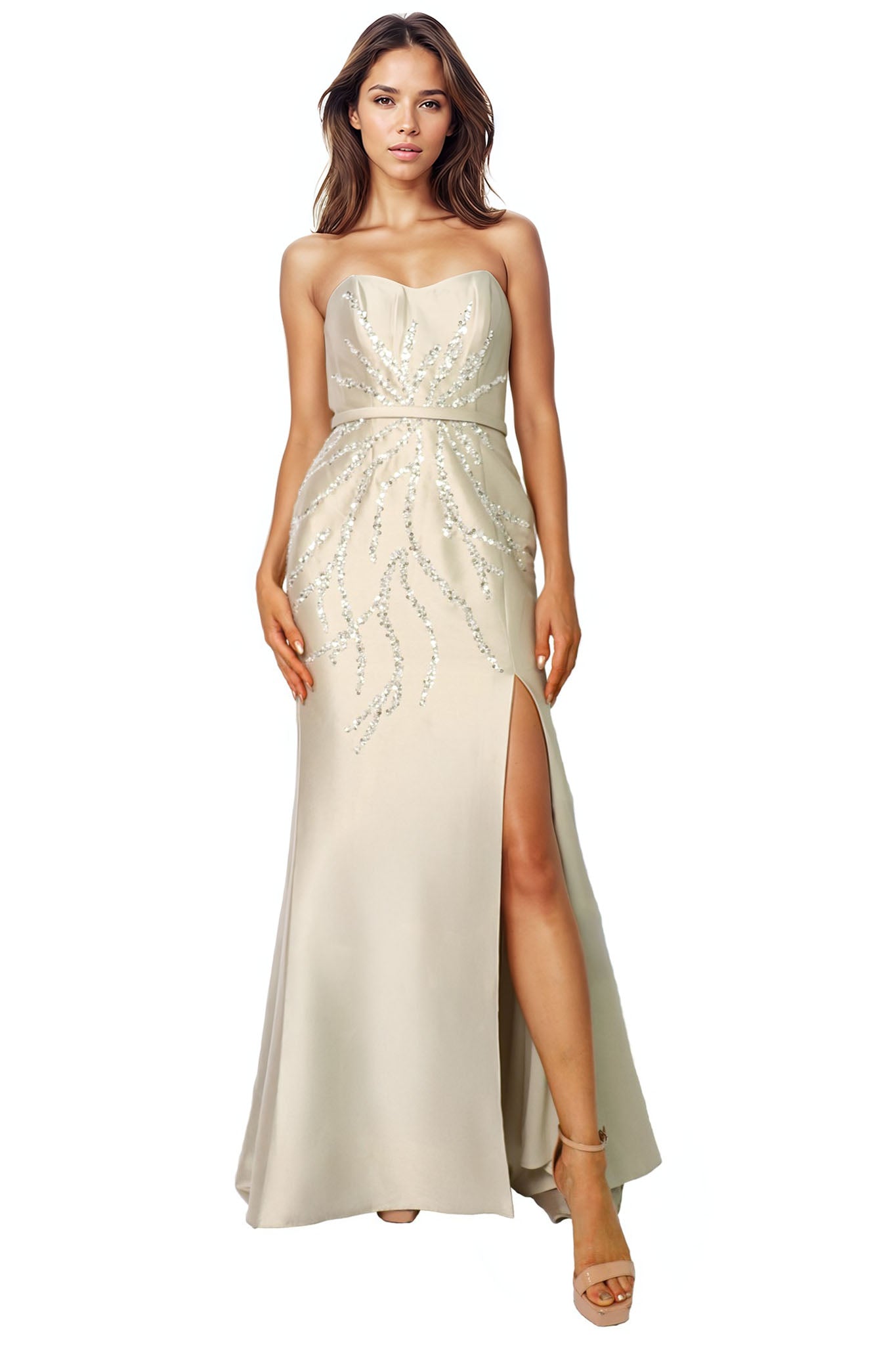 Strapless Metallic Bead Embellished Gown Gown Rene Ruiz Collection 2 Champagne