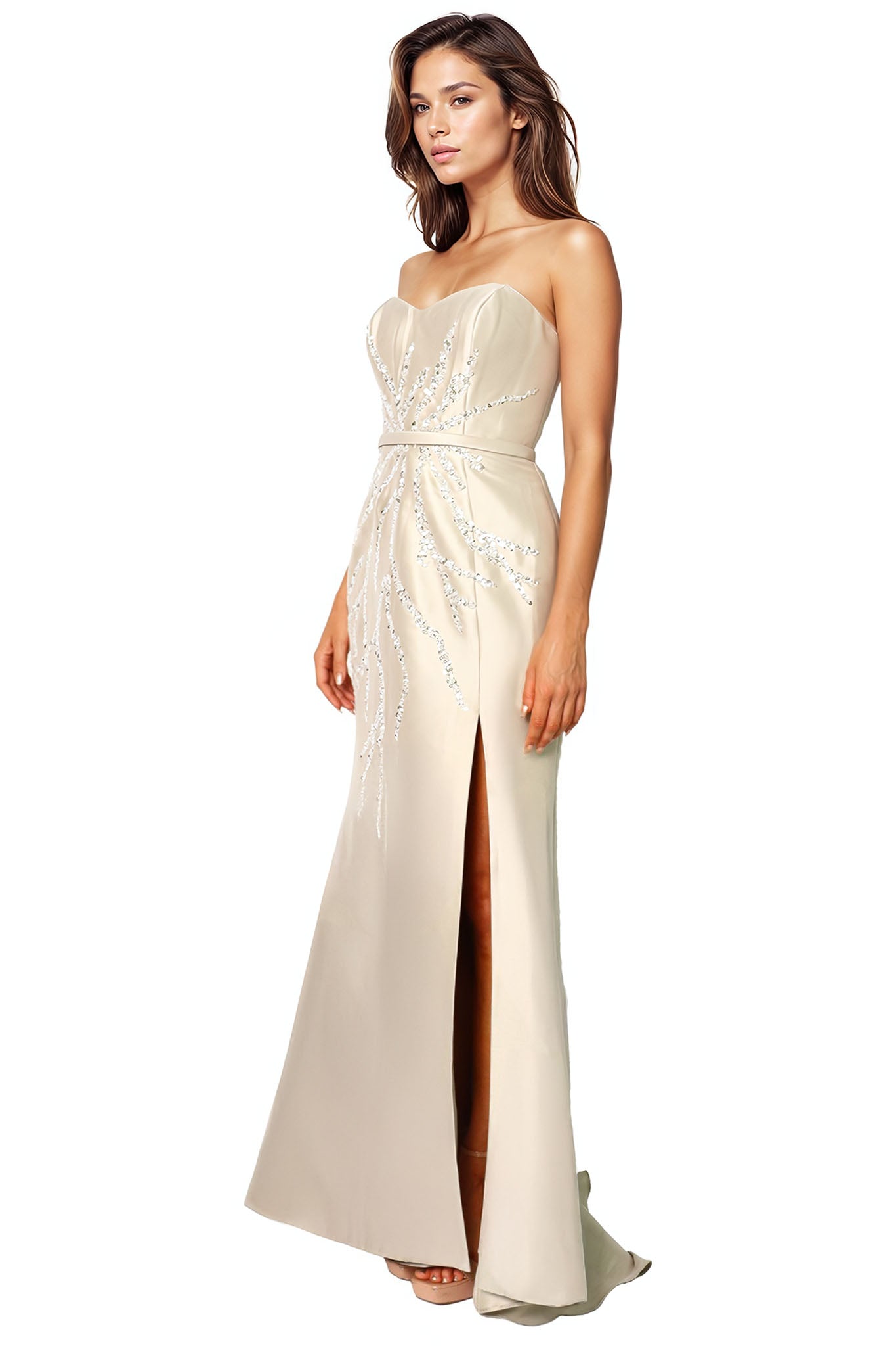 Strapless Metallic Bead Embellished Gown Gown Rene Ruiz Collection