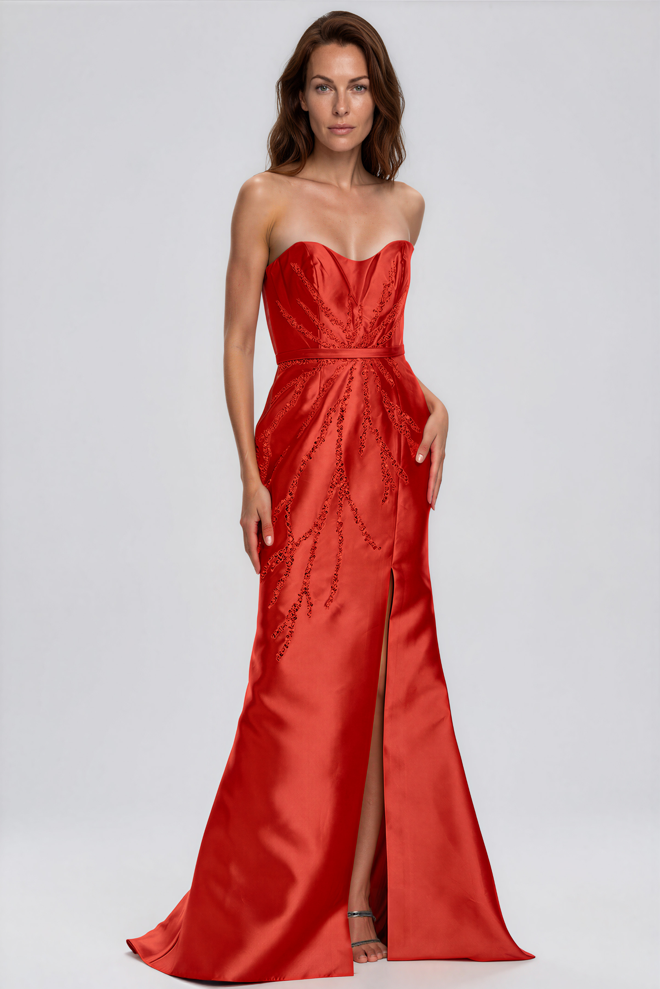 Strapless Metallic Bead Embellished Gown Gown Rene Ruiz Collection 2 Red
