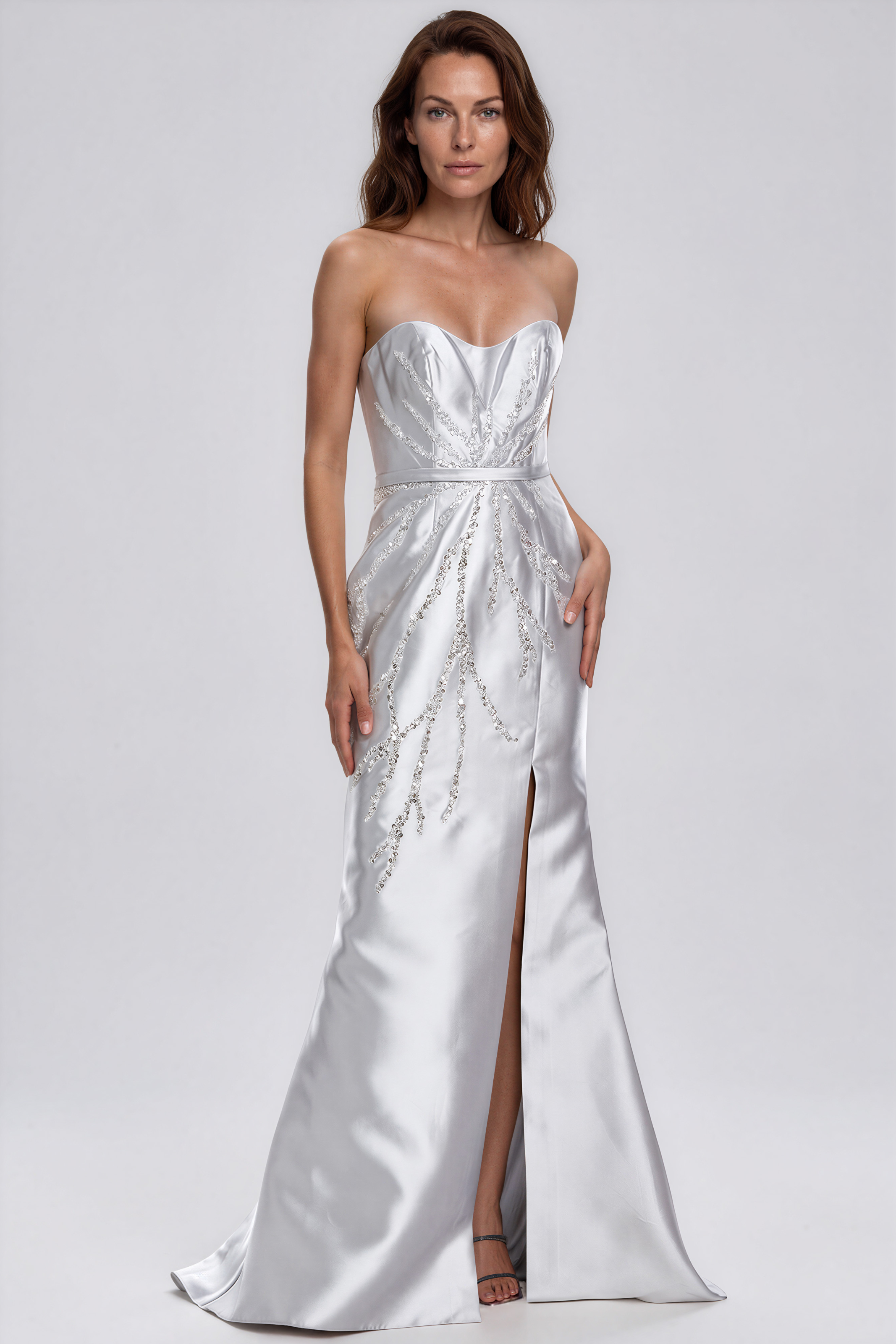 Strapless Metallic Bead Embellished Gown Gown Rene Ruiz Collection 2 Silver