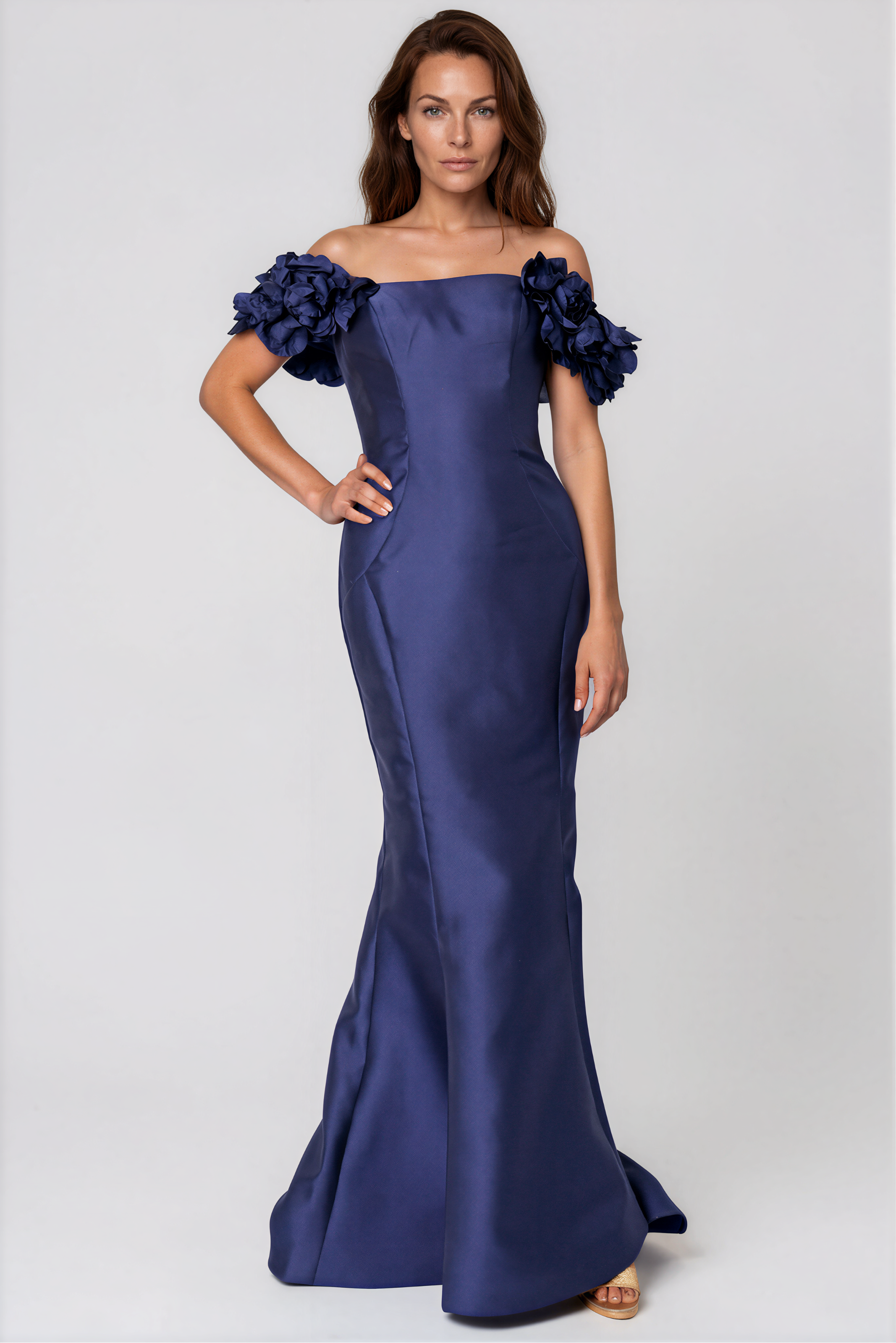 Off The Shoulder Mikado Floral Sleeves Fit And Flare Gown Gown Rene Ruiz Collection