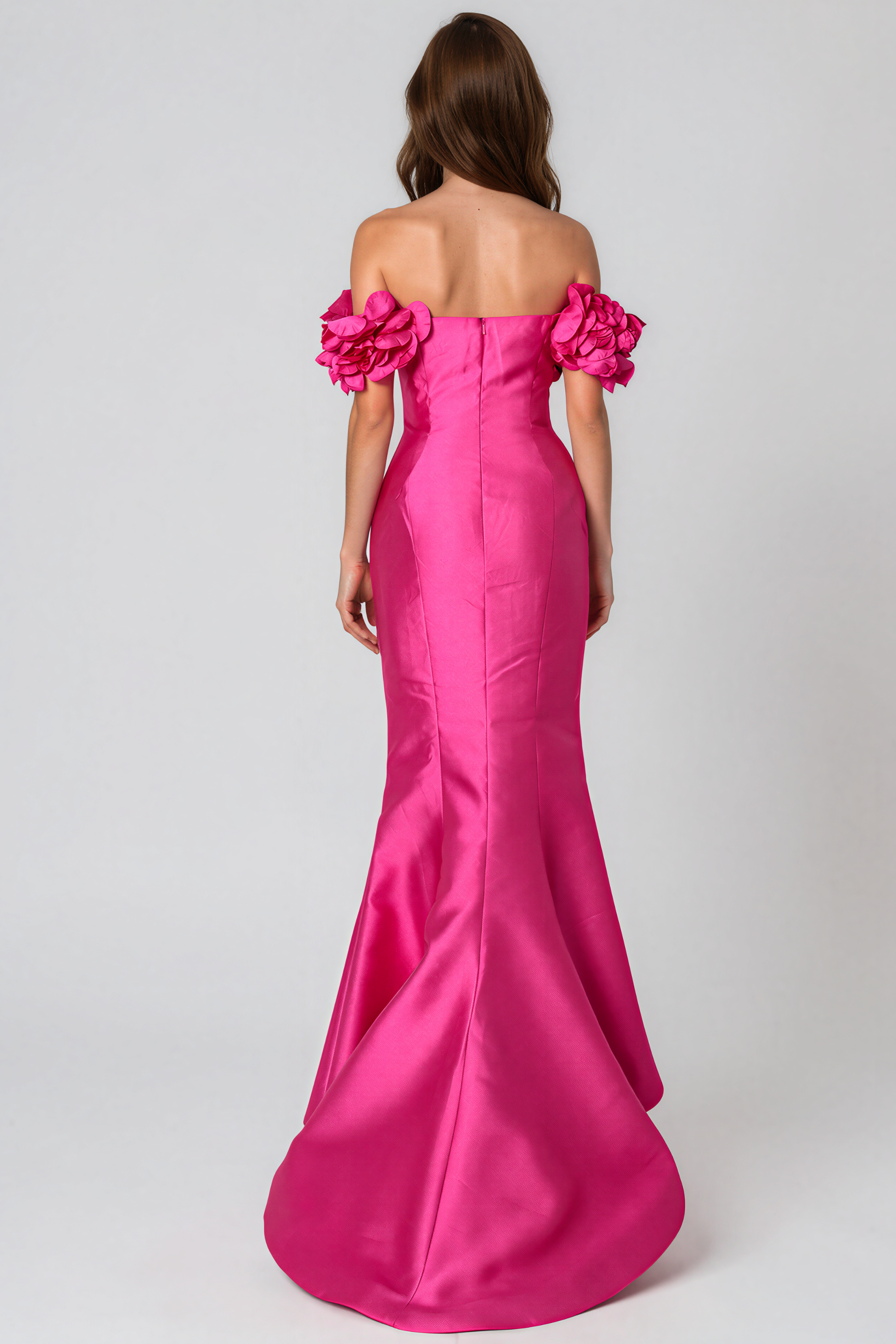 Off The Shoulder Mikado Floral Sleeves Fit And Flare Gown Gown Rene Ruiz Collection