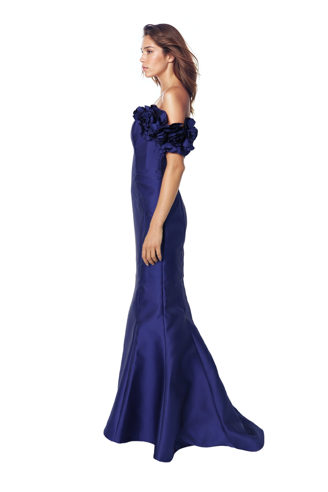 Off The Shoulder Mikado Floral Sleeves Fit And Flare Gown Gown Rene Ruiz Collection