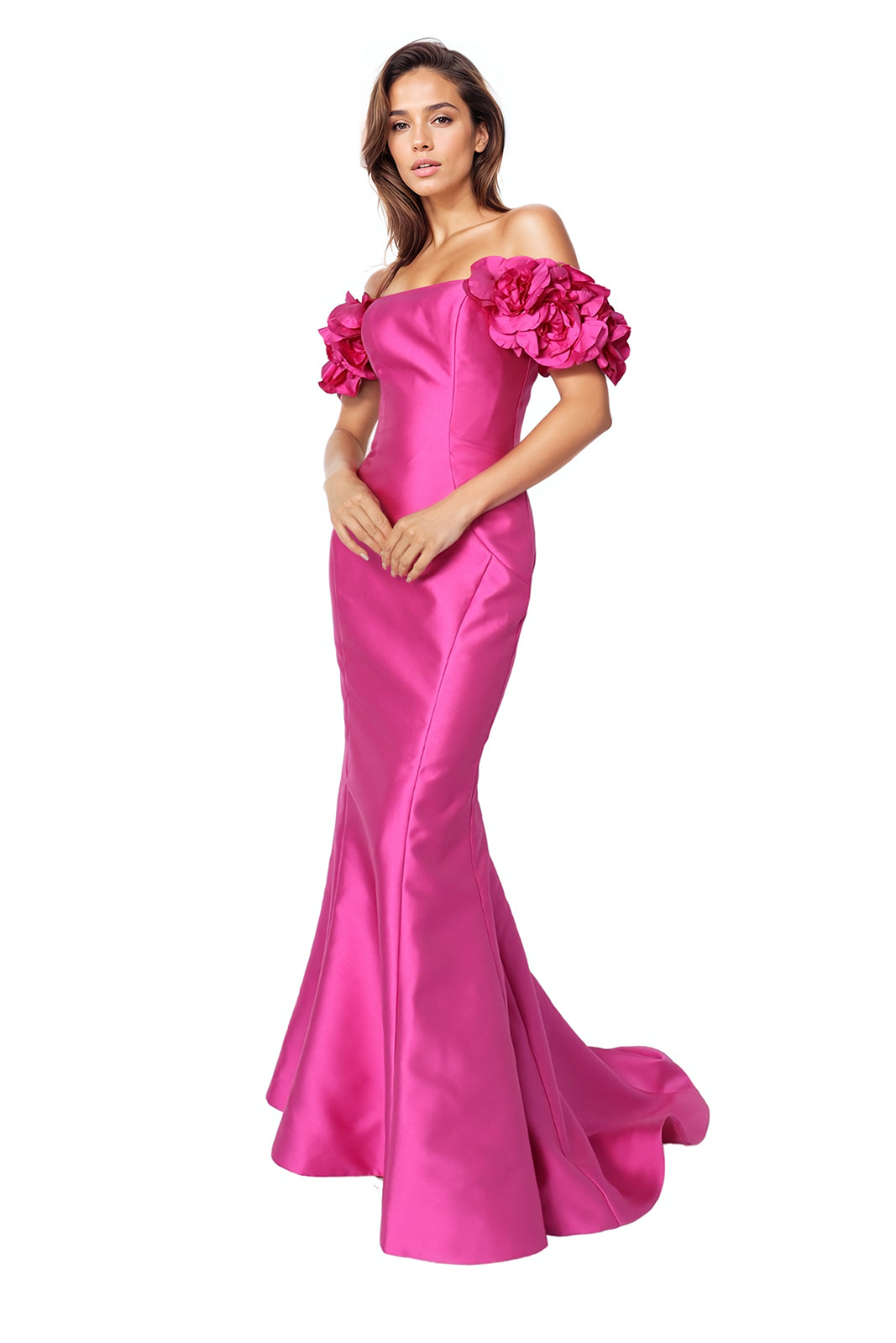 Off The Shoulder Mikado Floral Sleeves Fit And Flare Gown Gown Rene Ruiz Collection 2 Pink