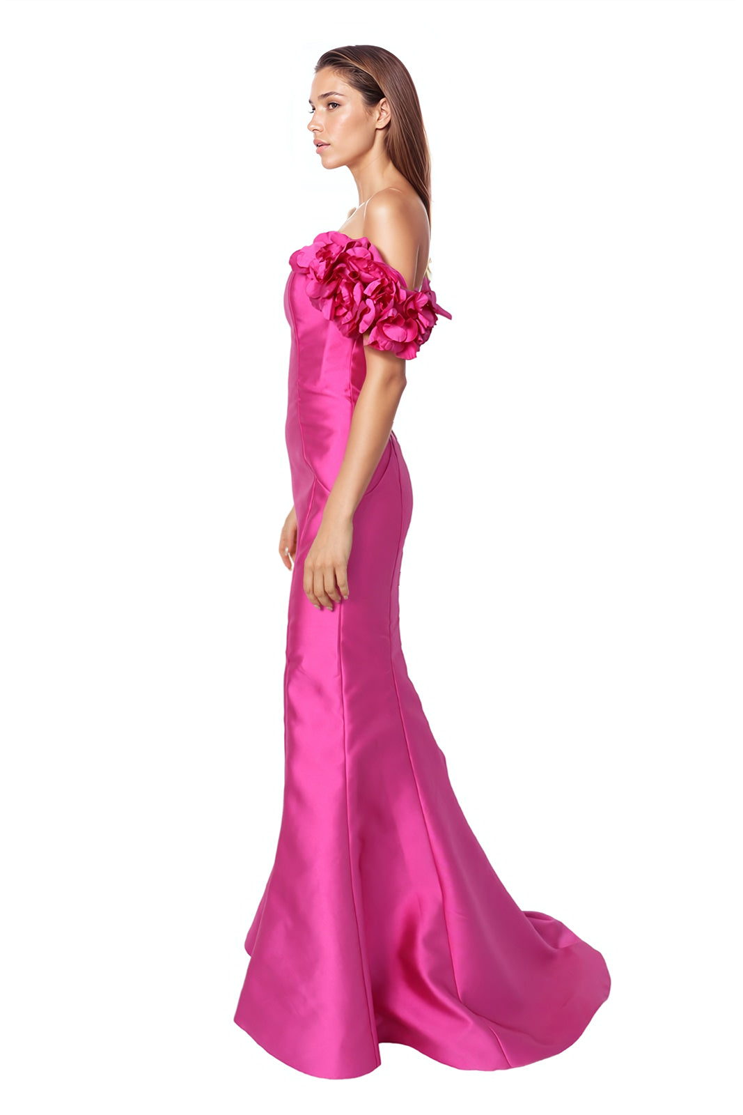 Off The Shoulder Mikado Floral Sleeves Fit And Flare Gown Gown Rene Ruiz Collection