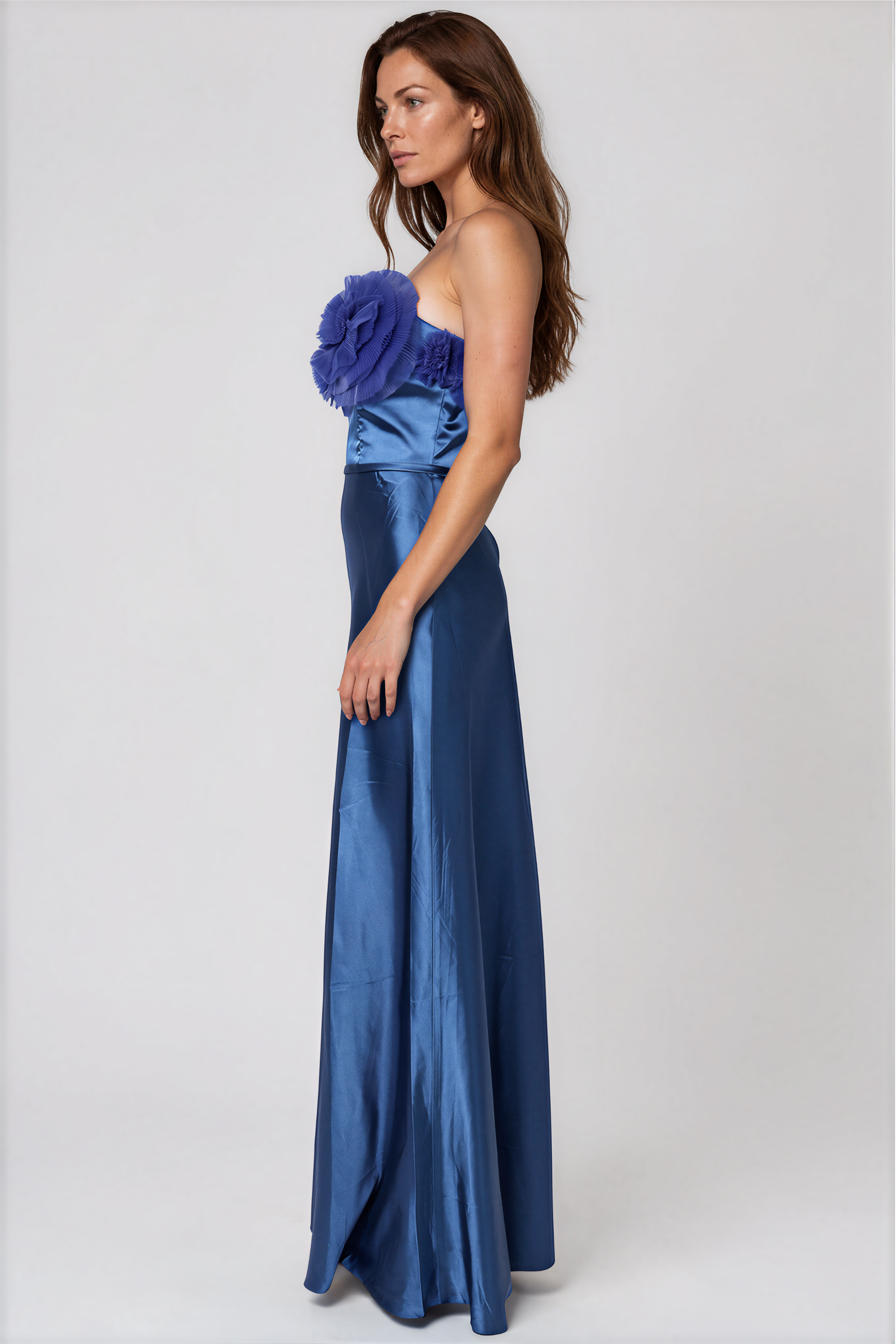 Strapless Satin Pleated Floral Tulle A-Line Gown Rene Ruiz Collection
