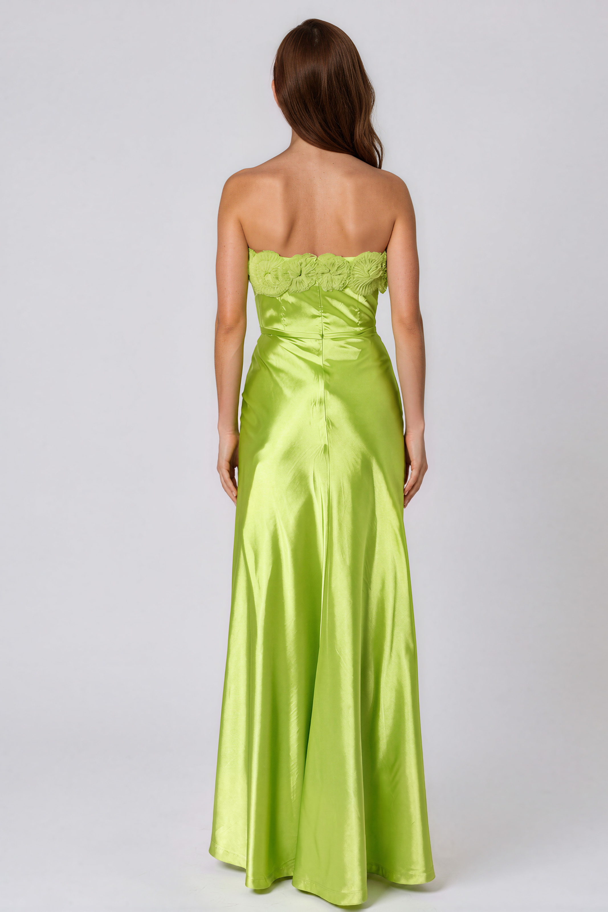 Strapless Satin Pleated Floral Tulle A-Line Gown Rene Ruiz Collection