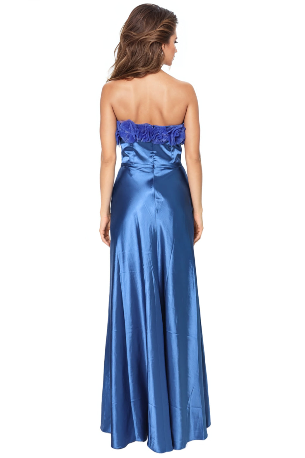 Strapless Satin Pleated Floral Tulle A-Line Gown Rene Ruiz Collection